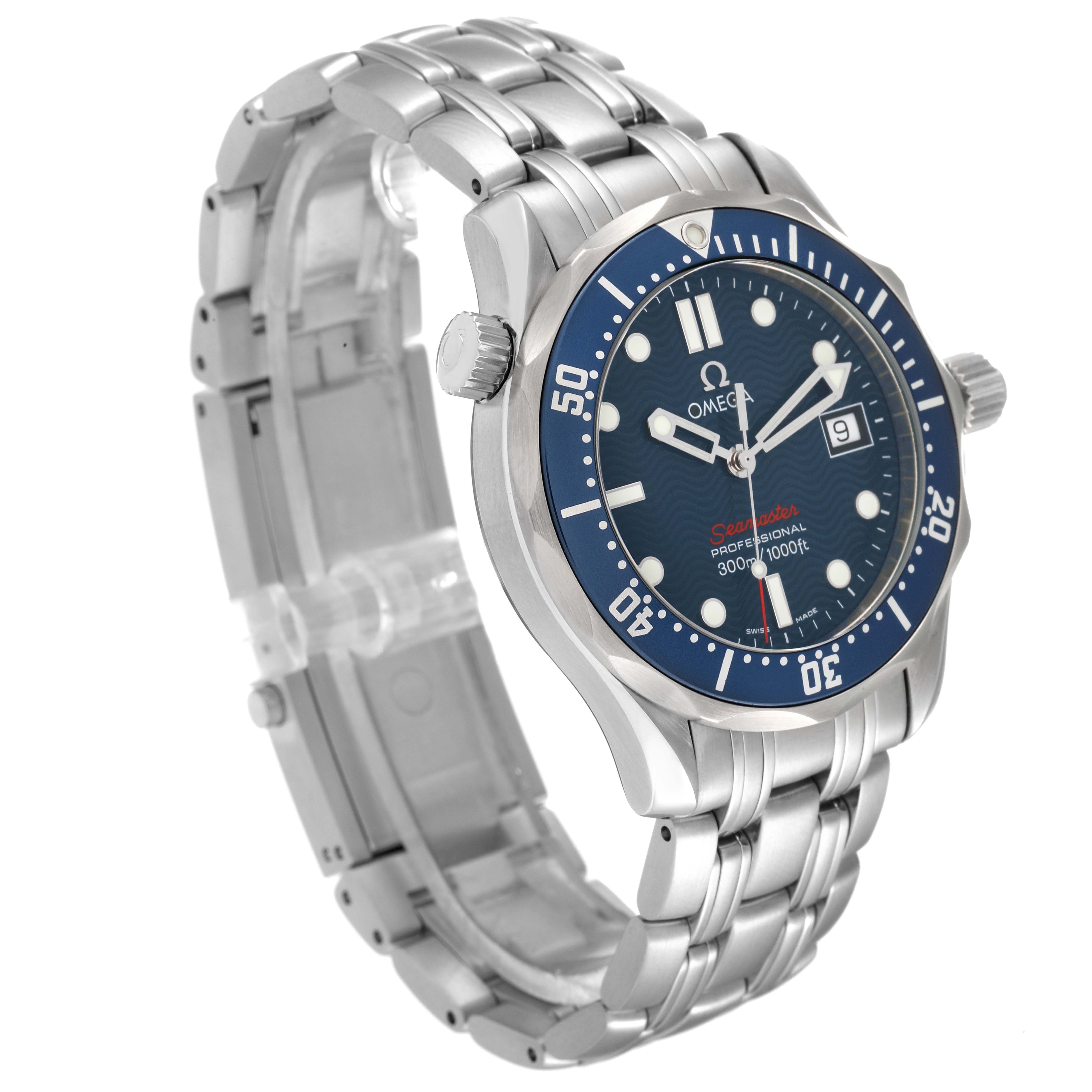 The image shows an angled view of the Omega Seamaster 2223.80.00 Men
s Stainless Steel Blue Dial 2223.80.00 Men
s Stainless Steel Blue Dial watch, displaying its face, bezel, crown, and stainless steel bracelet.