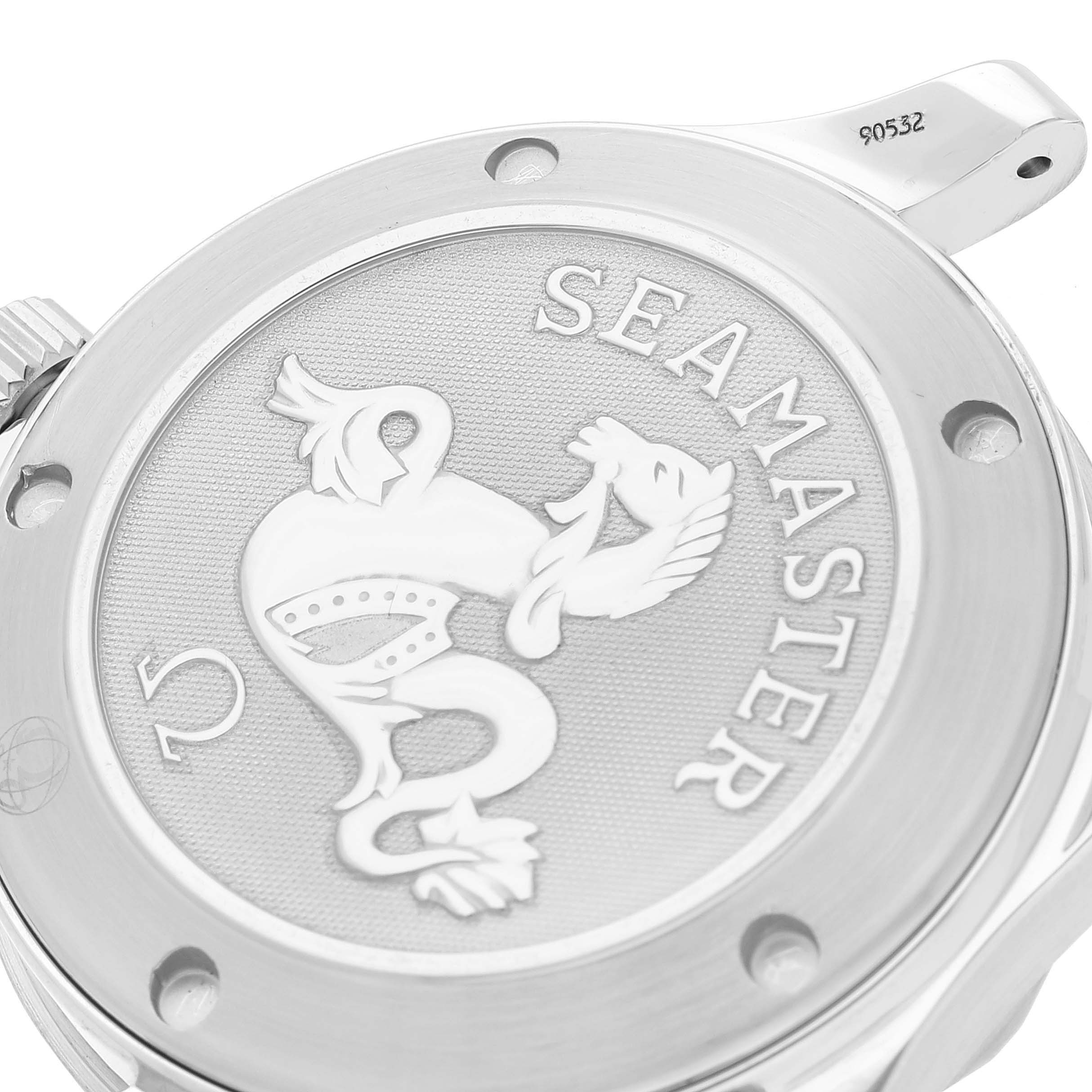 The image shows the case back of an Omega Seamaster 2223.80.00 Men
s Stainless Steel Blue Dial 2223.80.00 Men
s Stainless Steel Blue Dial watch, viewed from an angled top perspective, featuring the Seamaster logo and branding.