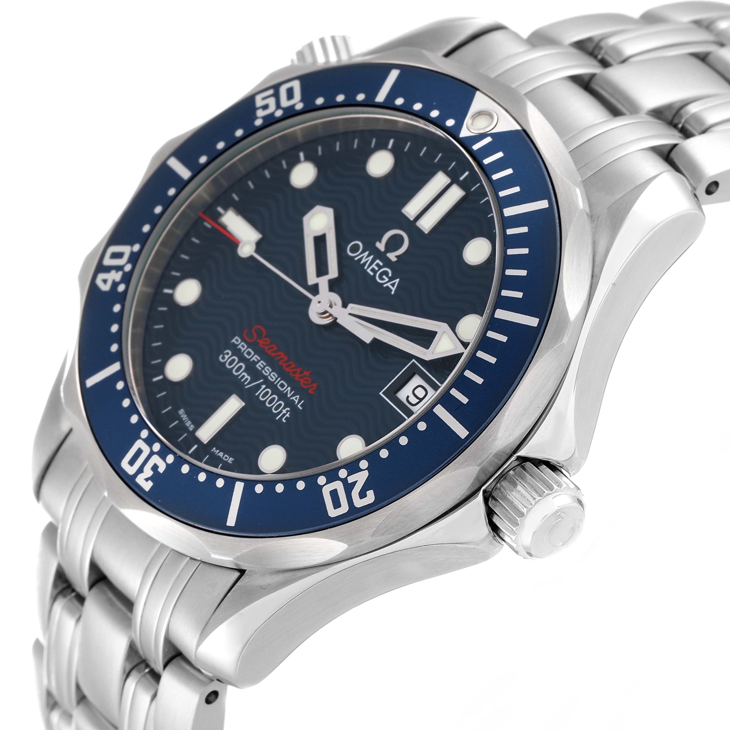 The image shows a side-angle view of the Omega Seamaster 2223.80.00 Men
s Stainless Steel Blue Dial 2223.80.00 Men
s Stainless Steel Blue Dial watch, highlighting the blue dial, bezel, and stainless steel bracelet.