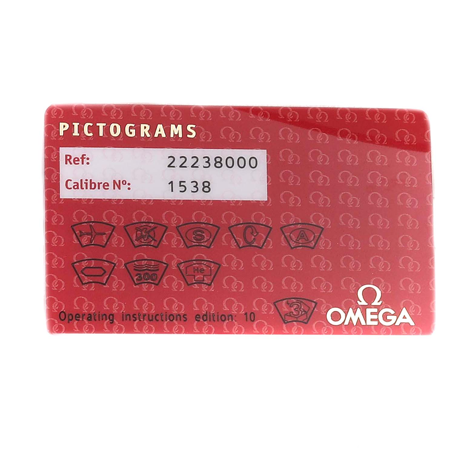 This image shows the pictogram card for an Omega Seamaster 2223.80.00 Men
s Stainless Steel Blue Dial 2223.80.00 Men
s Stainless Steel Blue Dial watch, including reference and calibre numbers.