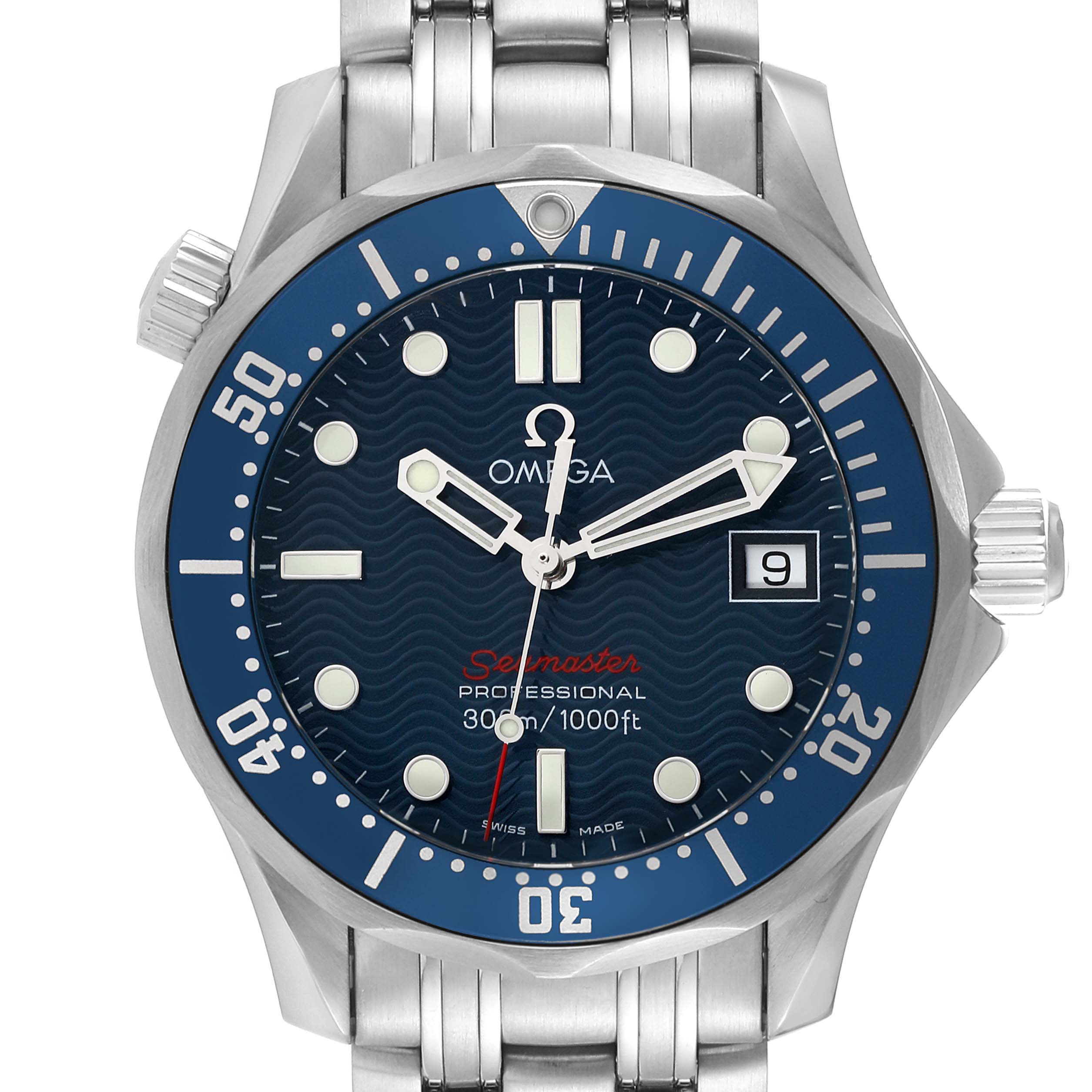 The image shows the front face and partial bracelet of the Omega Seamaster 2223.80.00 Men
s Stainless Steel Blue Dial 2223.80.00 Men
s Stainless Steel Blue Dial model watch from a straight-on angle.