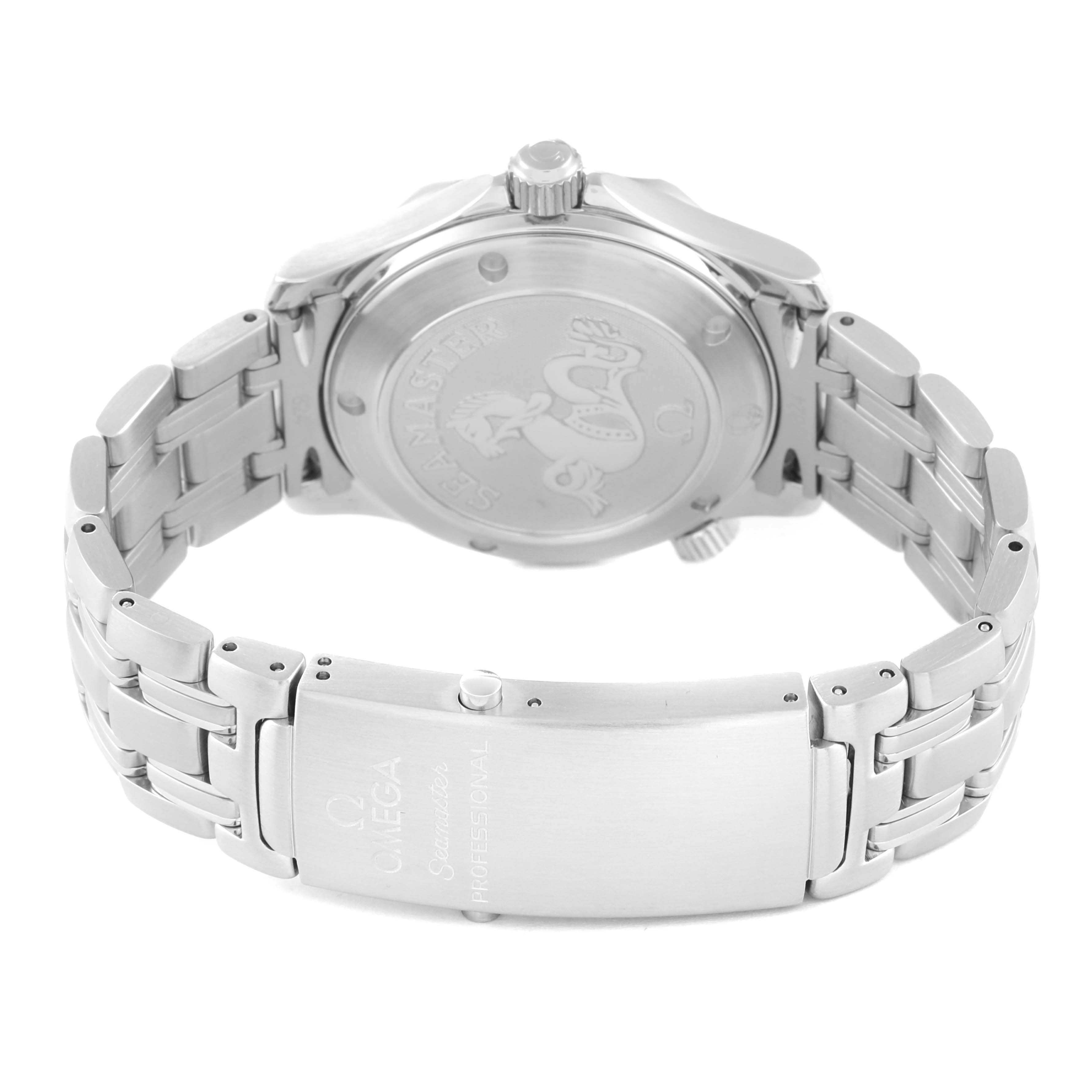 The image shows the back of an Omega Seamaster 2223.80.00 Men
s Stainless Steel Blue Dial 2223.80.00 Men
s Stainless Steel Blue Dial watch, highlighting the case back, bracelet, and clasp with engraved branding.