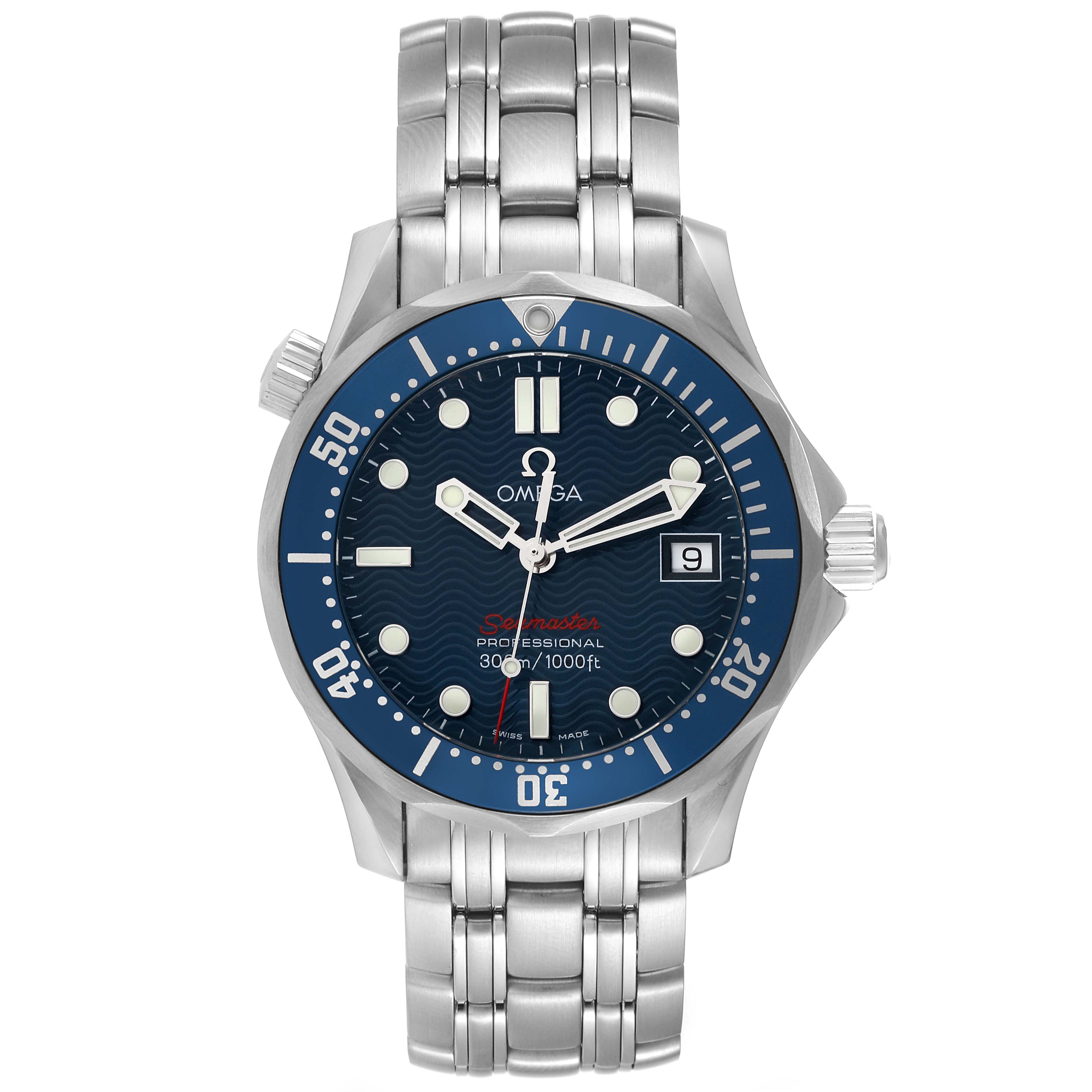 The image shows the front view of an Omega Seamaster 2223.80.00 Men
s Stainless Steel Blue Dial 2223.80.00 Men
s Stainless Steel Blue Dial watch with a blue dial and stainless steel bracelet.