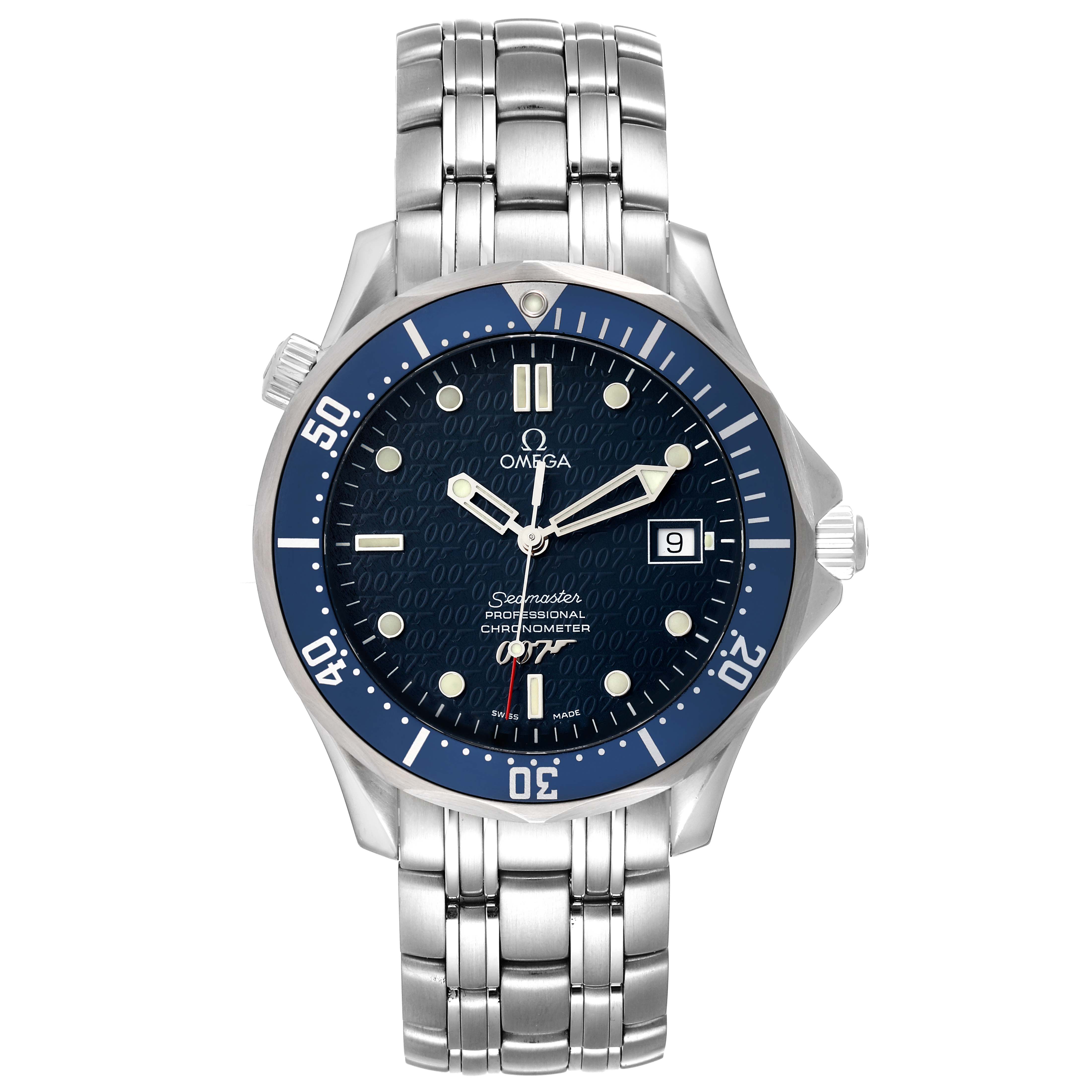 The image shows a front view of the Omega Seamaster 2537.80.00 Men's Stainless Steel Blue Dial 2537.80.00 Men's Stainless Steel Blue Dial watch, highlighting its dial, bezel, and bracelet.