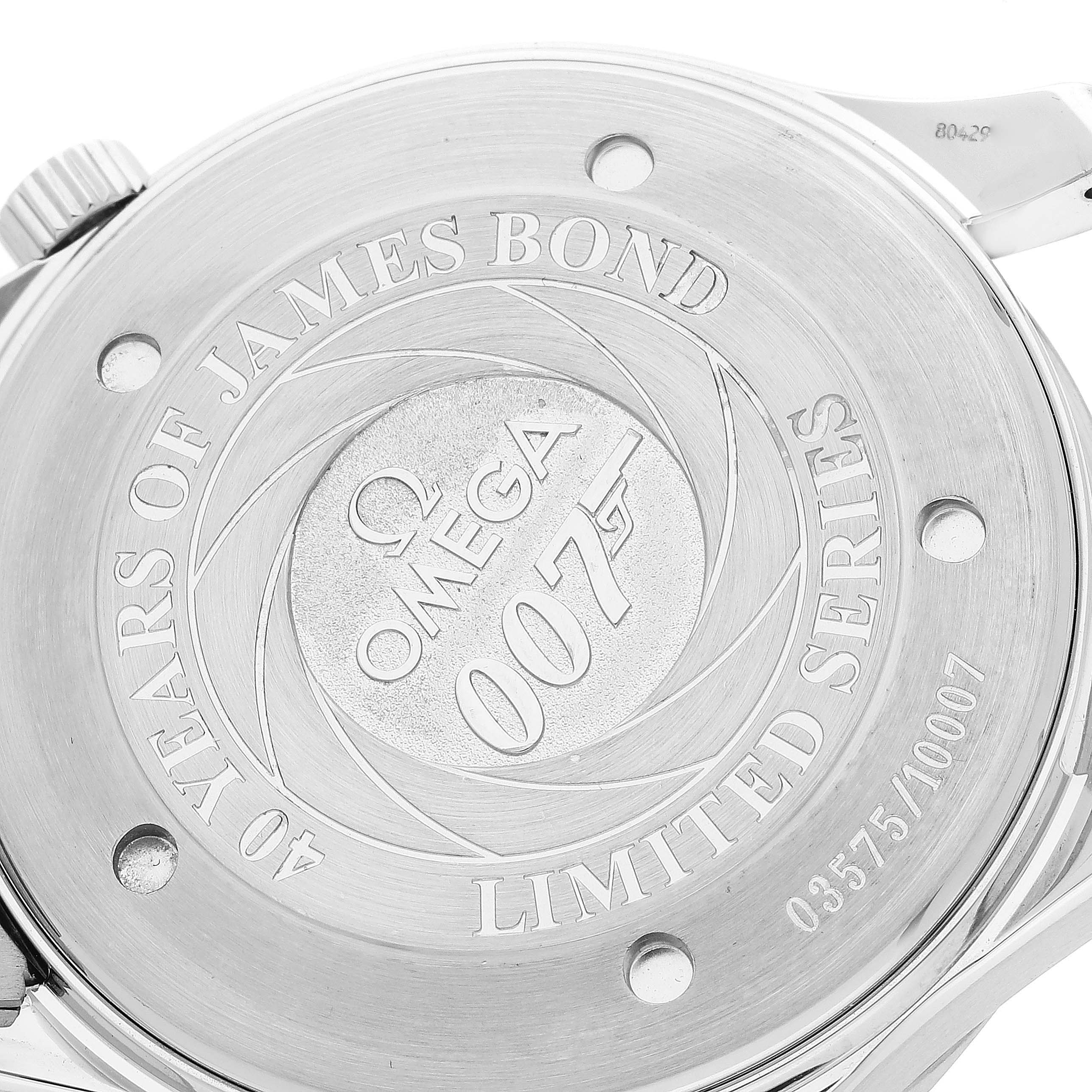 The image shows the back case of an Omega Seamaster 2537.80.00 Men's Stainless Steel Blue Dial 2537.80.00 Men's Stainless Steel Blue Dial watch, showcasing its "40 Years of James Bond" limited series engraving.