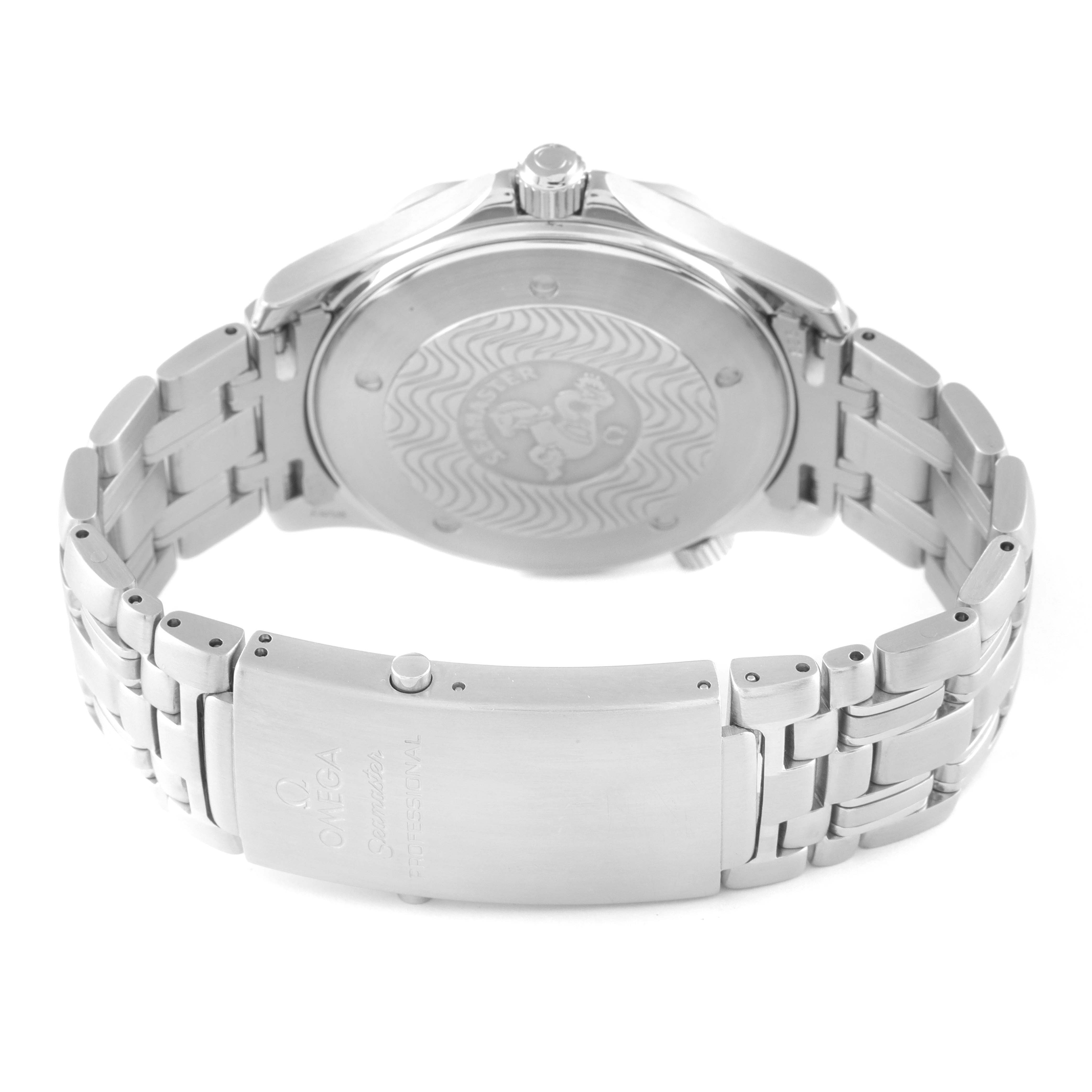 This image shows the back view and clasp of the Omega Seamaster 2541.80.00 Men's Stainless Steel Blue Dial 2541.80.00 Men's Stainless Steel Blue Dial watch, highlighting the bracelet and case back details.