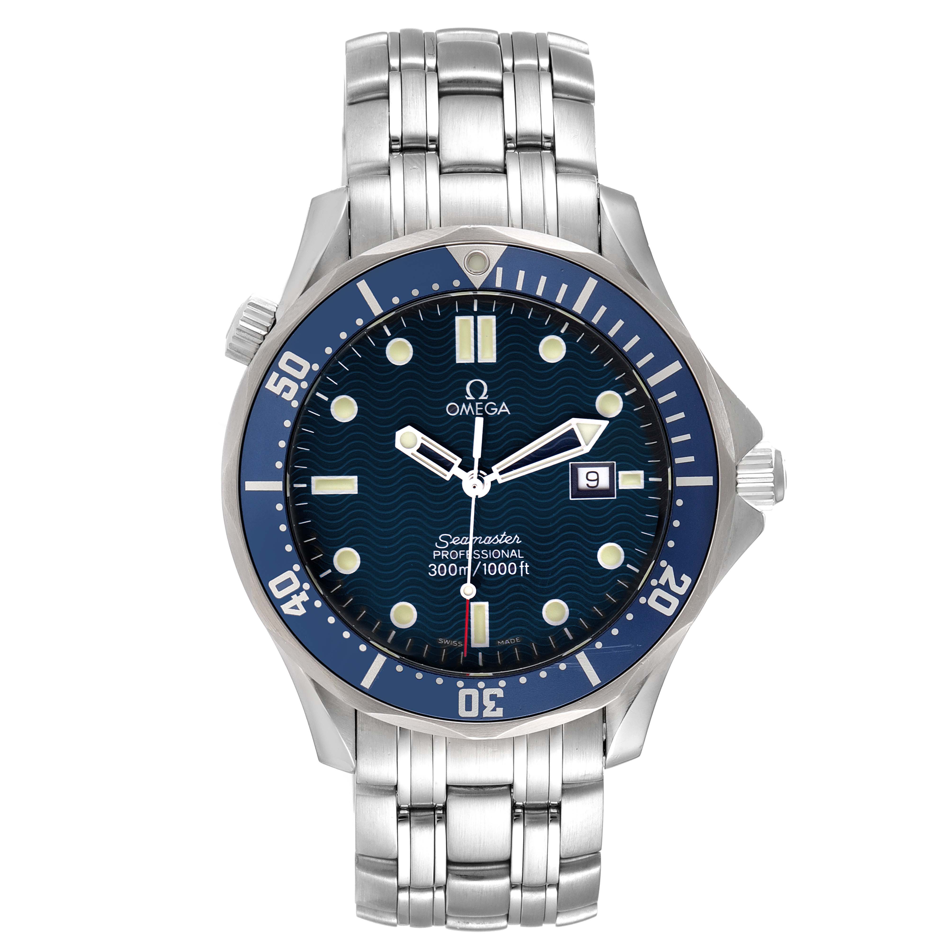 This image shows a front view of an Omega Seamaster 2541.80.00 Men's Stainless Steel Blue Dial 2541.80.00 Men's Stainless Steel Blue Dial watch, highlighting the face, bezel, crown, and metal bracelet.