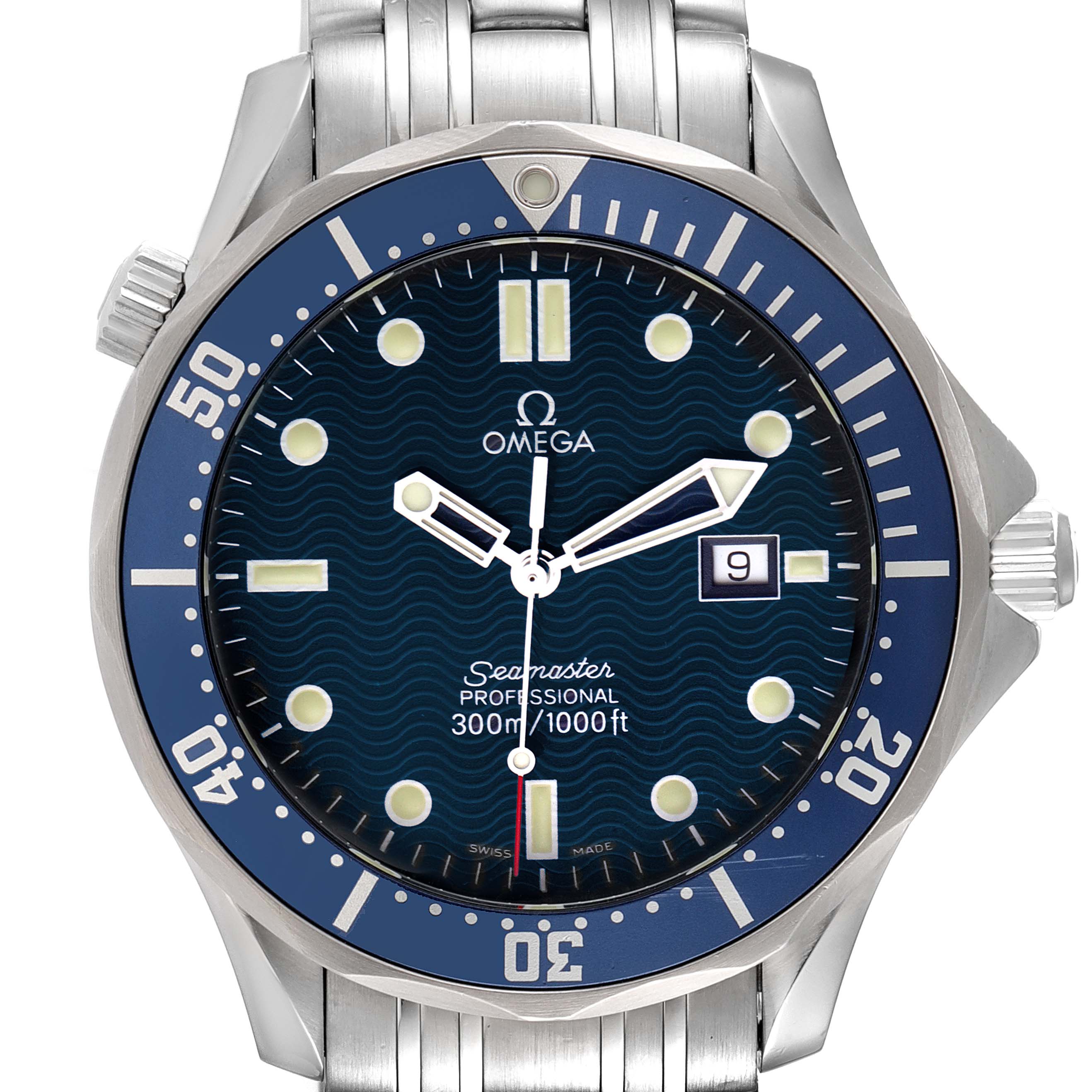This image shows a front view of the Omega Seamaster 2541.80.00 Men's Stainless Steel Blue Dial 2541.80.00 Men's Stainless Steel Blue Dial watch, highlighting the dial, bezel, hands, and part of the bracelet.