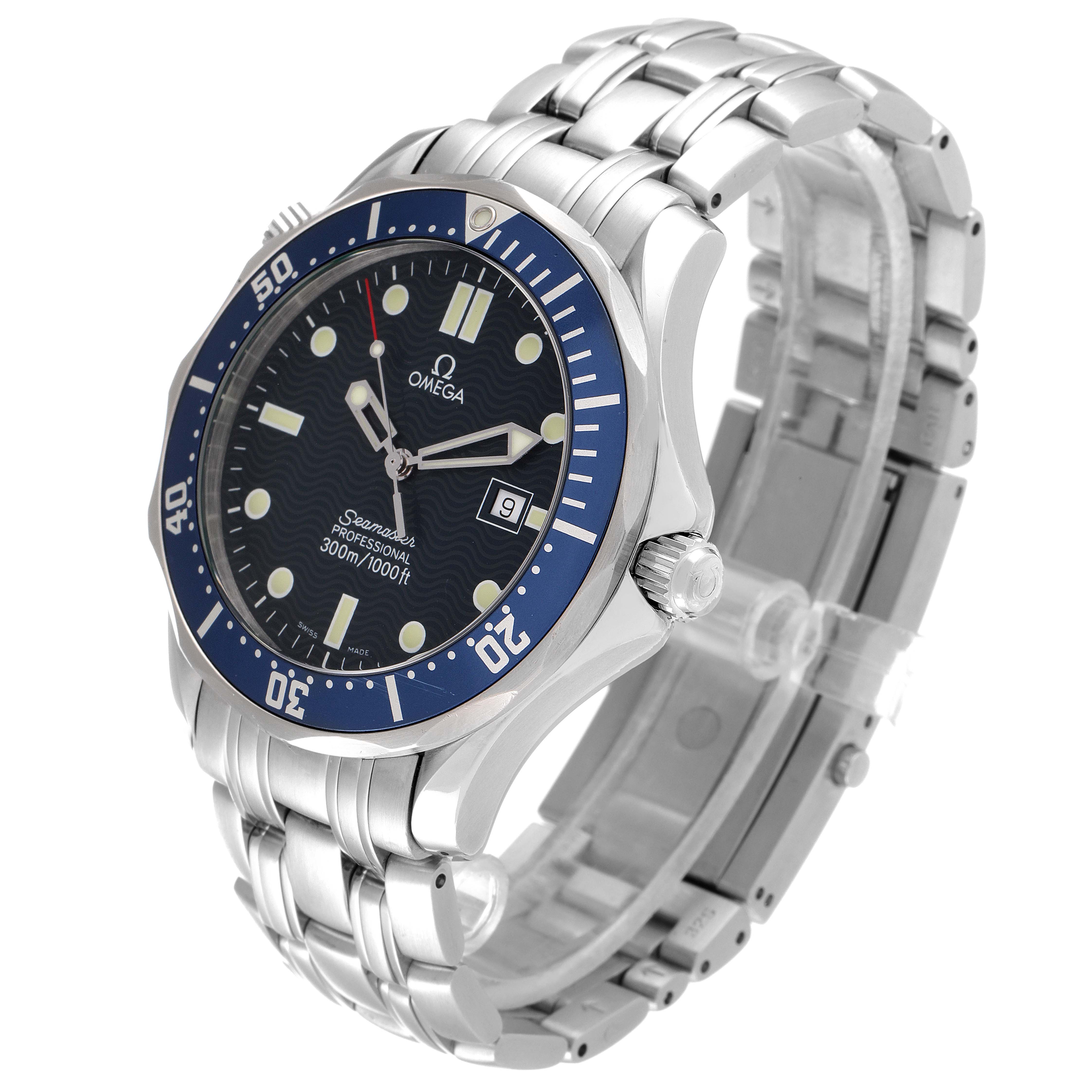 The Omega Seamaster 2541.80.00 Men's Stainless Steel Blue Dial 2541.80.00 Men's Stainless Steel Blue Dial watch is shown at a three-quarter angle, displaying the face, bezel, crown, and part of the bracelet.