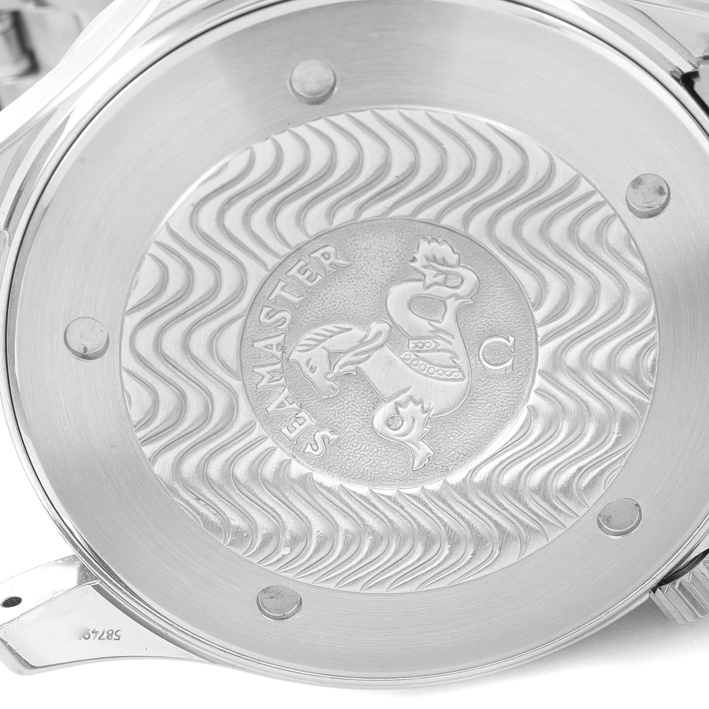 This image shows the case back of an Omega Seamaster 2541.80.00 Men's Stainless Steel Blue Dial 2541.80.00 Men's Stainless Steel Blue Dial watch, featuring the Seamaster emblem and intricate wave patterns.