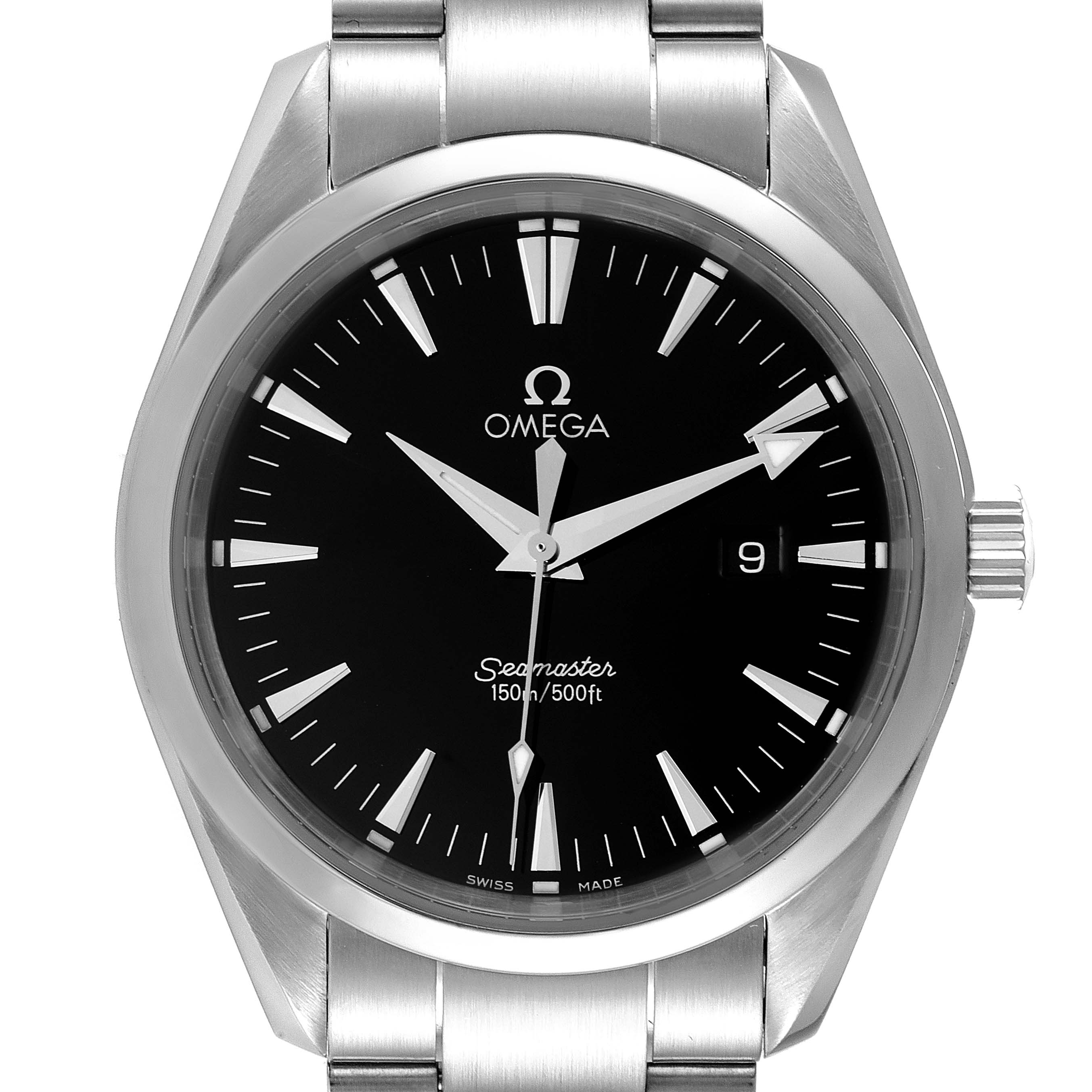 The image shows a front view of the Omega Aqua Terra 2517.50.00 Men's Stainless Steel Black Dial 2517.50.00 Men's Stainless Steel Black Dial watch, displaying its dial, hands, date window, and part of the bracelet.