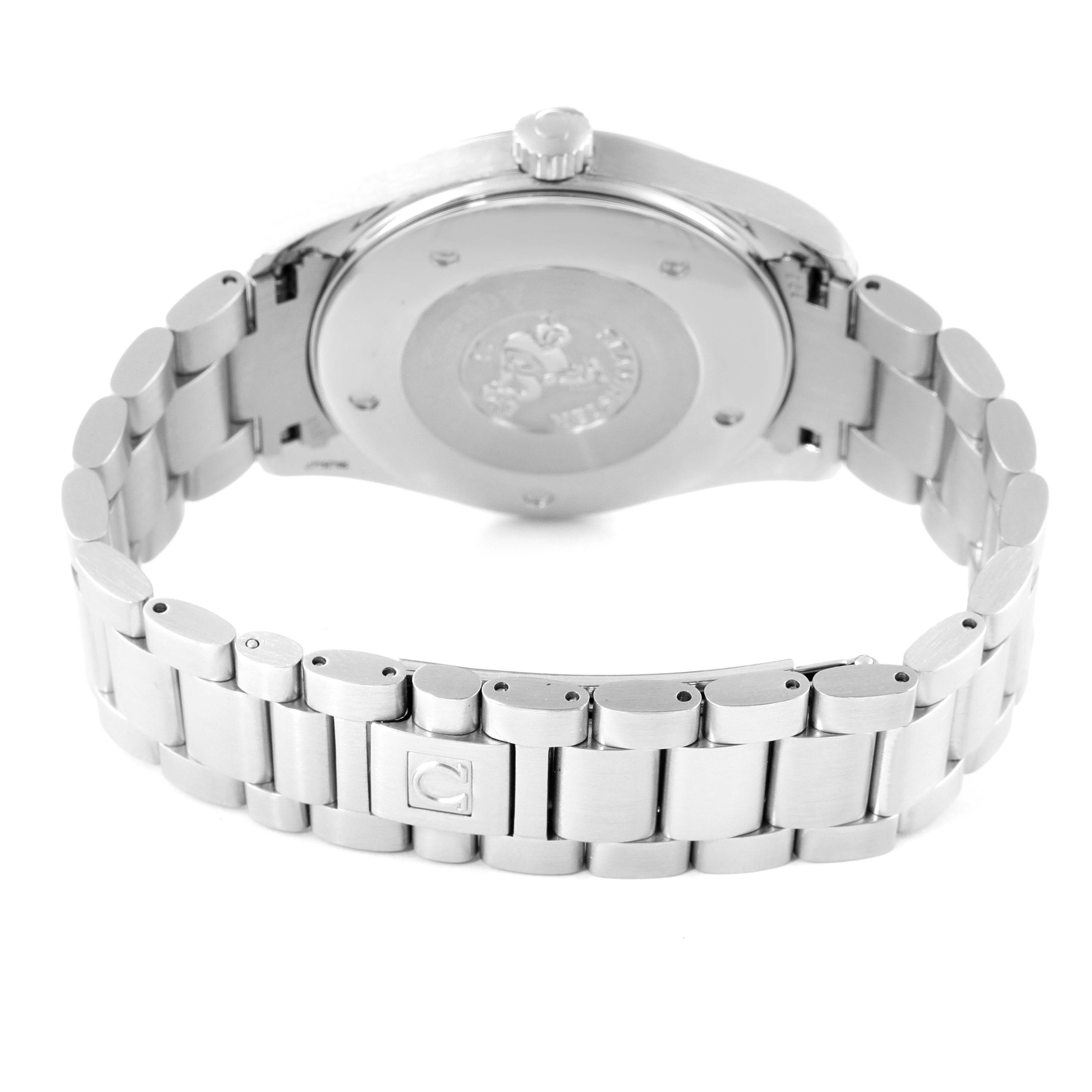 The image shows the back and bracelet of an Omega Aqua Terra 2517.50.00 Men's Stainless Steel Black Dial 2517.50.00 Men's Stainless Steel Black Dial watch.