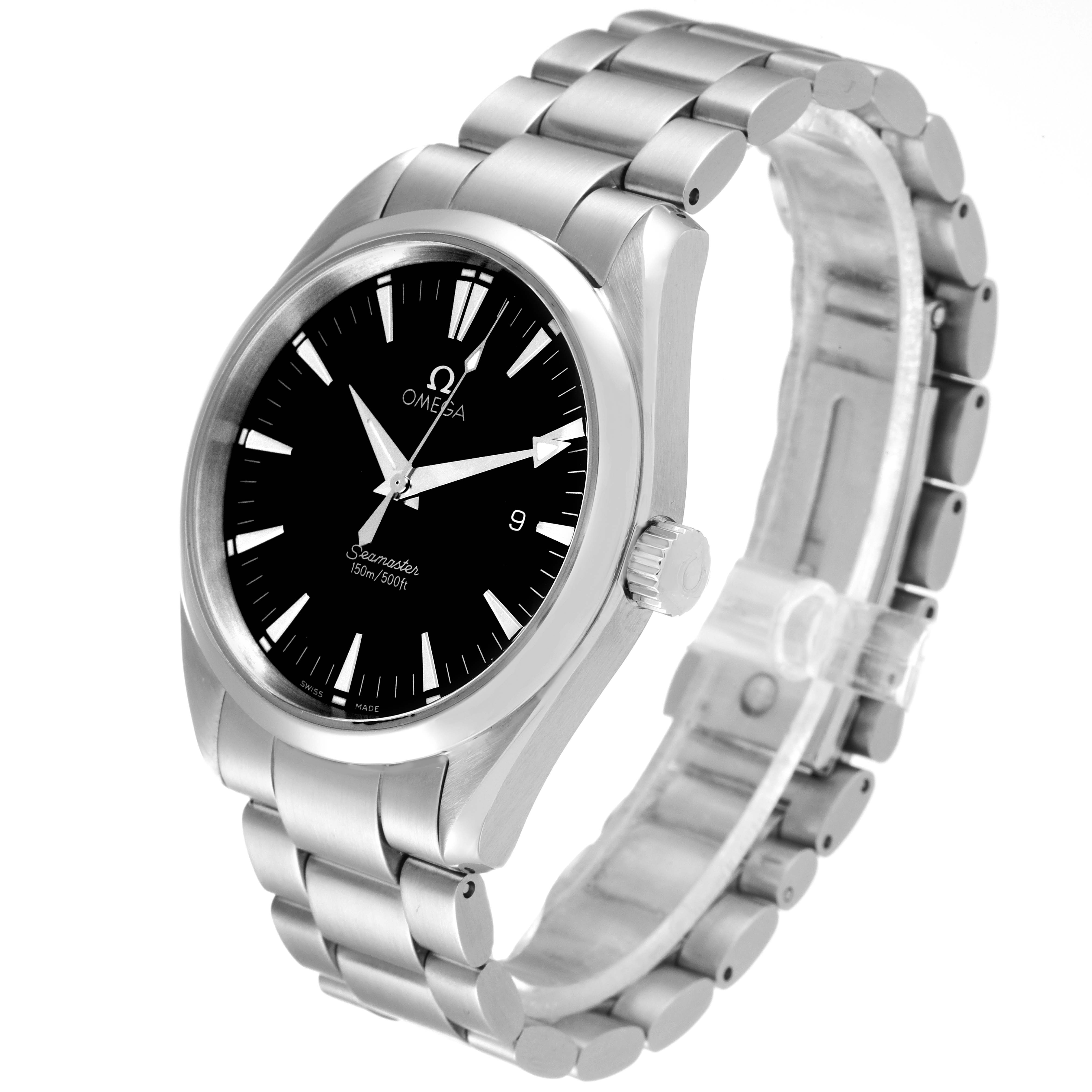 The image shows a side view of the Omega Aqua Terra 2517.50.00 Men's Stainless Steel Black Dial 2517.50.00 Men's Stainless Steel Black Dial watch, highlighting the dial, case, crown, and metal bracelet.