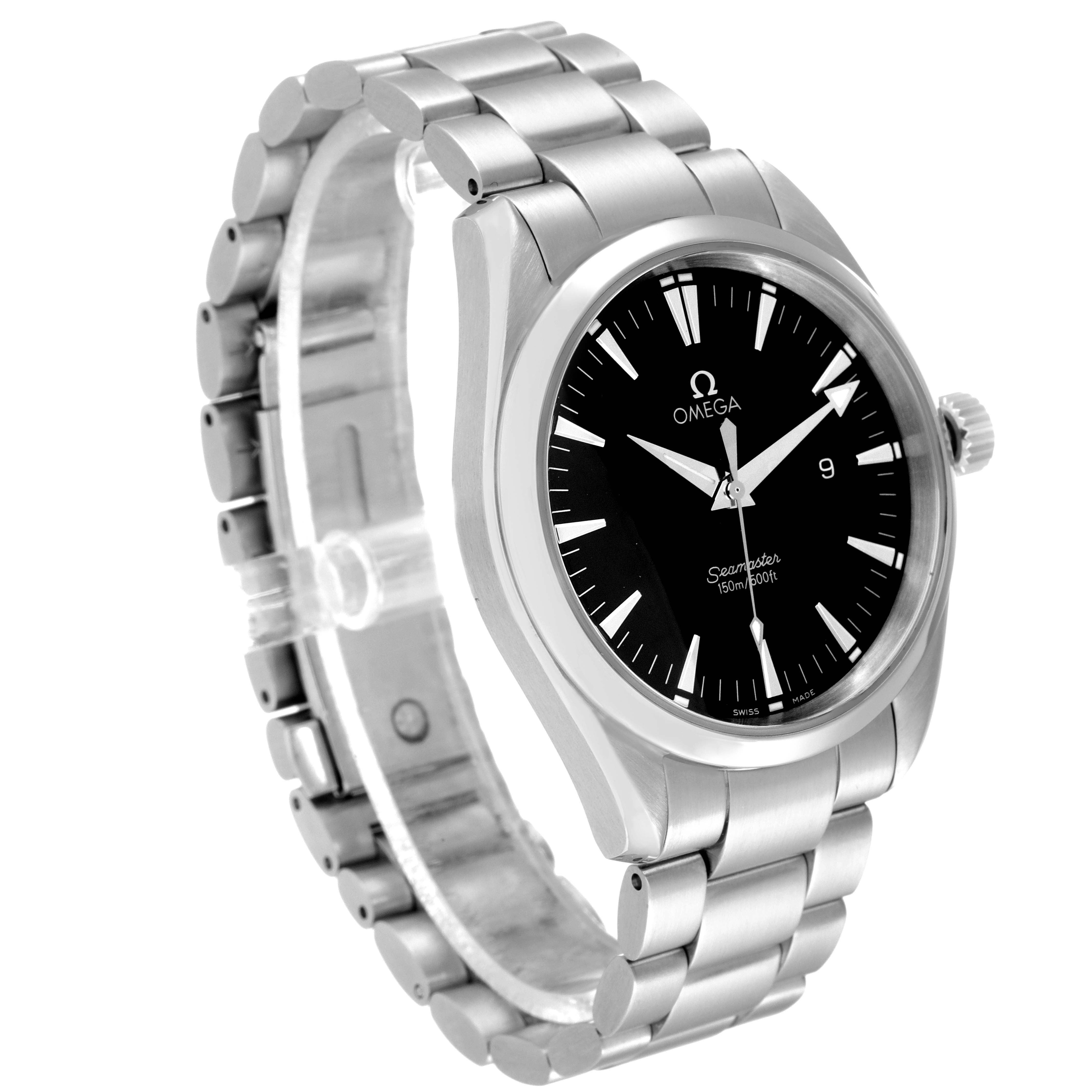 This image shows a side and front angle of an Omega Aqua Terra 2517.50.00 Men's Stainless Steel Black Dial 2517.50.00 Men's Stainless Steel Black Dial watch, highlighting its face, bezel, bracelet, and crown.