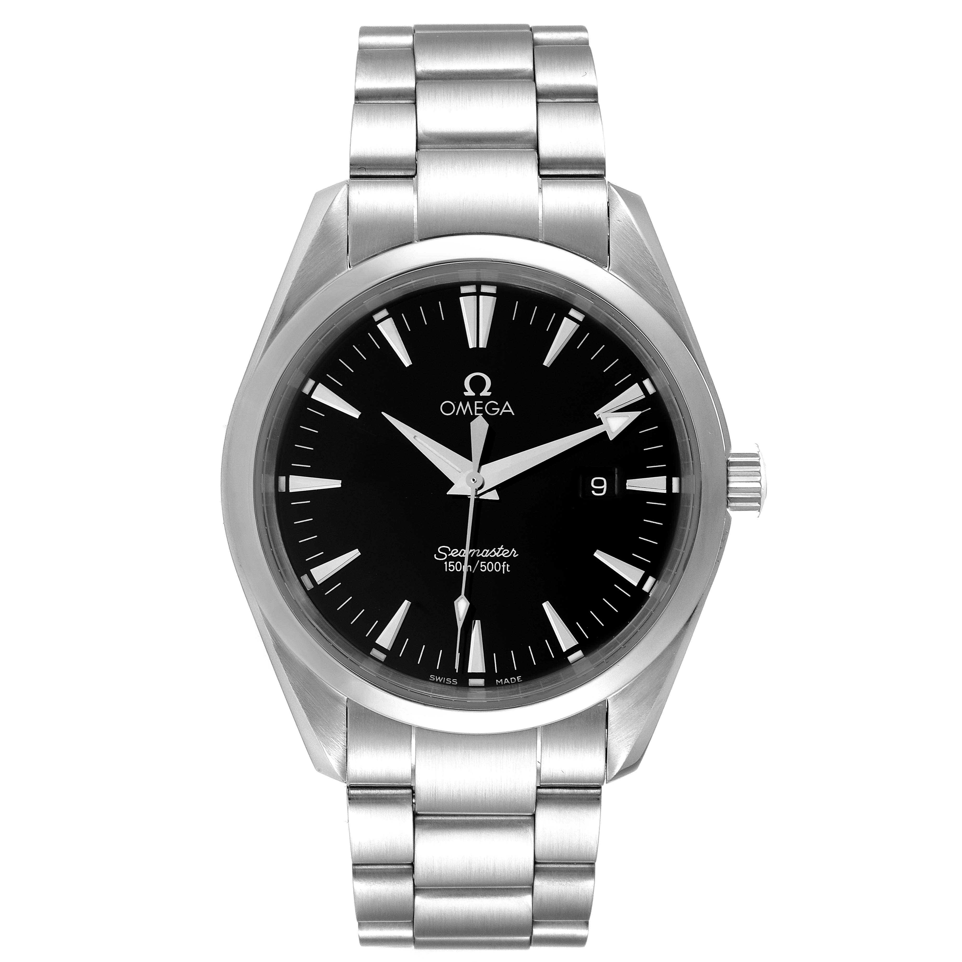 The image shows a front view of an Omega Aqua Terra 2517.50.00 Men's Stainless Steel Black Dial 2517.50.00 Men's Stainless Steel Black Dial Seamaster watch, displaying the face, bezel, case, bracelet, and crown.