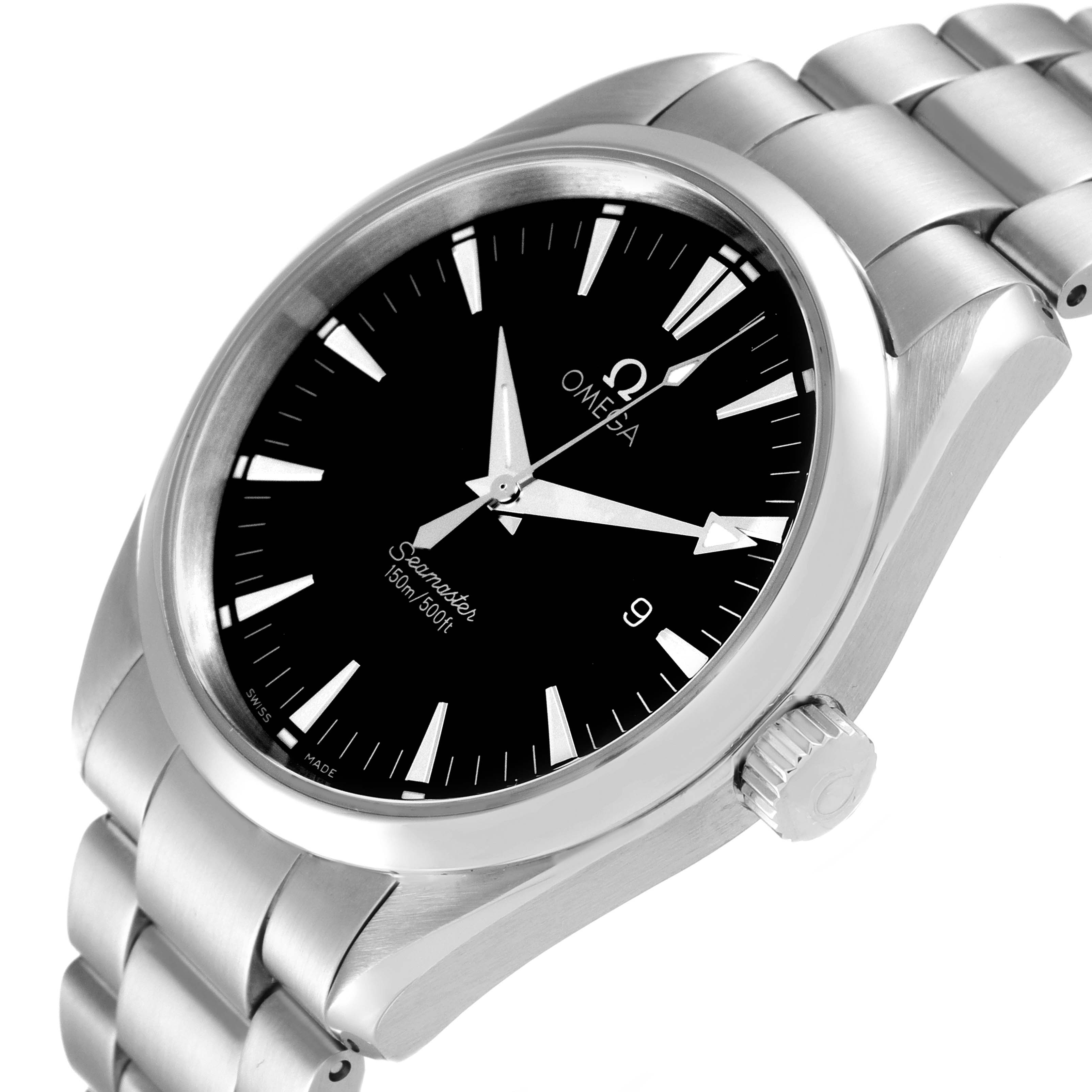 The Omega Aqua Terra 2517.50.00 Men's Stainless Steel Black Dial 2517.50.00 Men's Stainless Steel Black Dial watch is shown at an angled close-up, displaying the face, bezel, crown, and part of the bracelet.