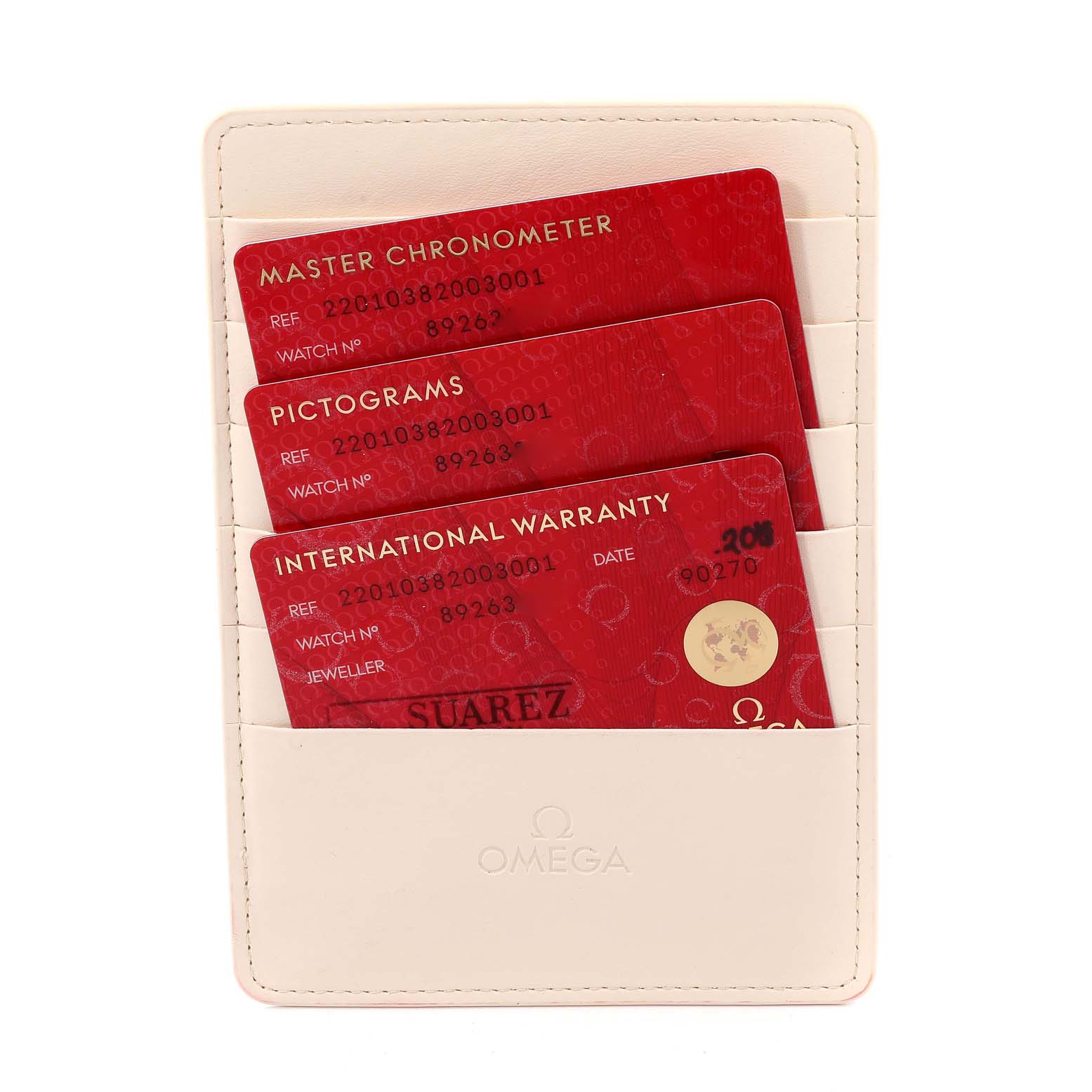 The image shows warranty and certification cards for the Omega Aqua Terra 220.10.38.20.03.001 Men
s Stainless Steel Blue Dial 220.10.38.20.03.001 Men
s Stainless Steel Blue Dial model inside a white cardholder with the Omega logo.