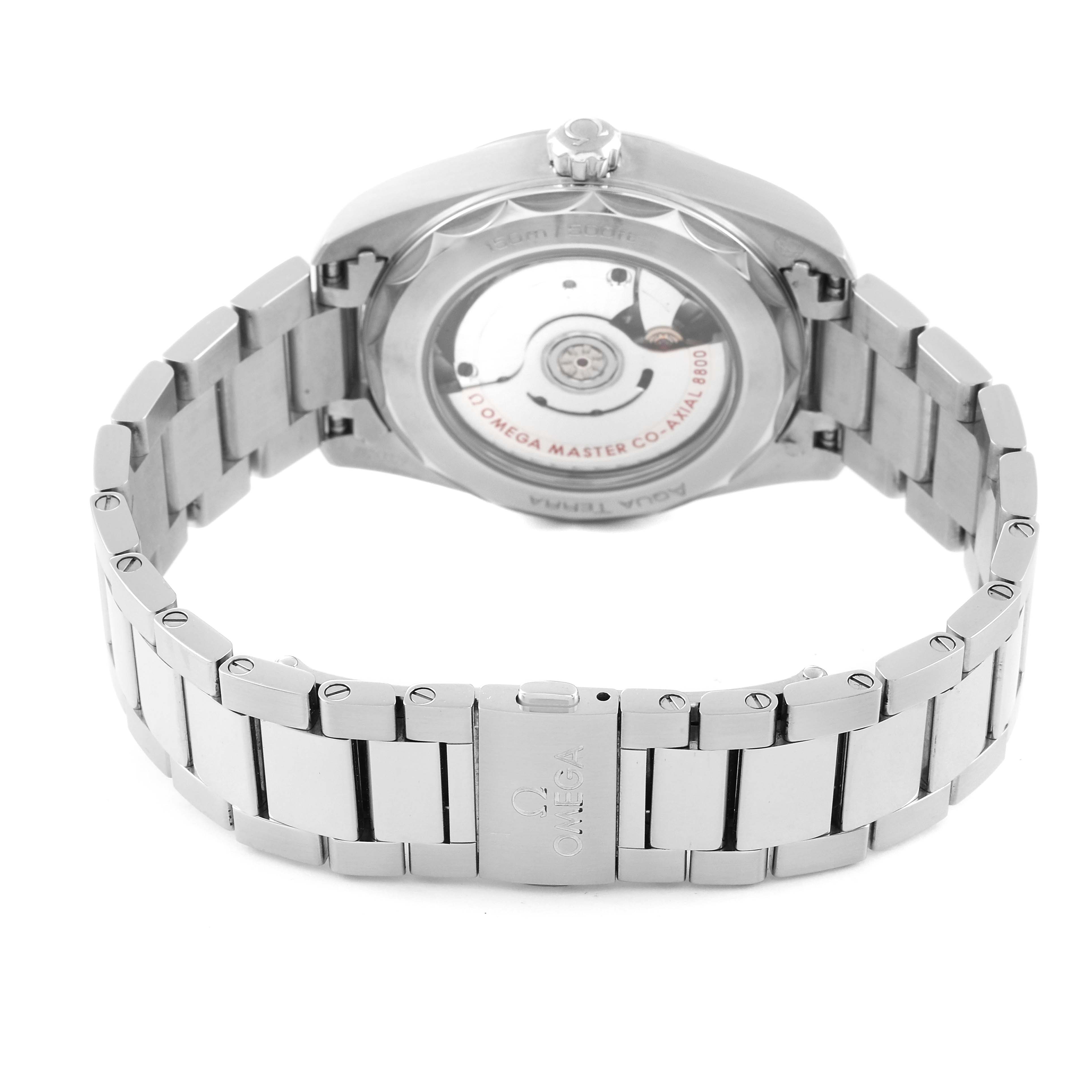 The image shows the back view of the Omega Aqua Terra 220.10.38.20.03.001 Men
s Stainless Steel Blue Dial 220.10.38.20.03.001 Men
s Stainless Steel Blue Dial watch, highlighting its movement and stainless steel bracelet.