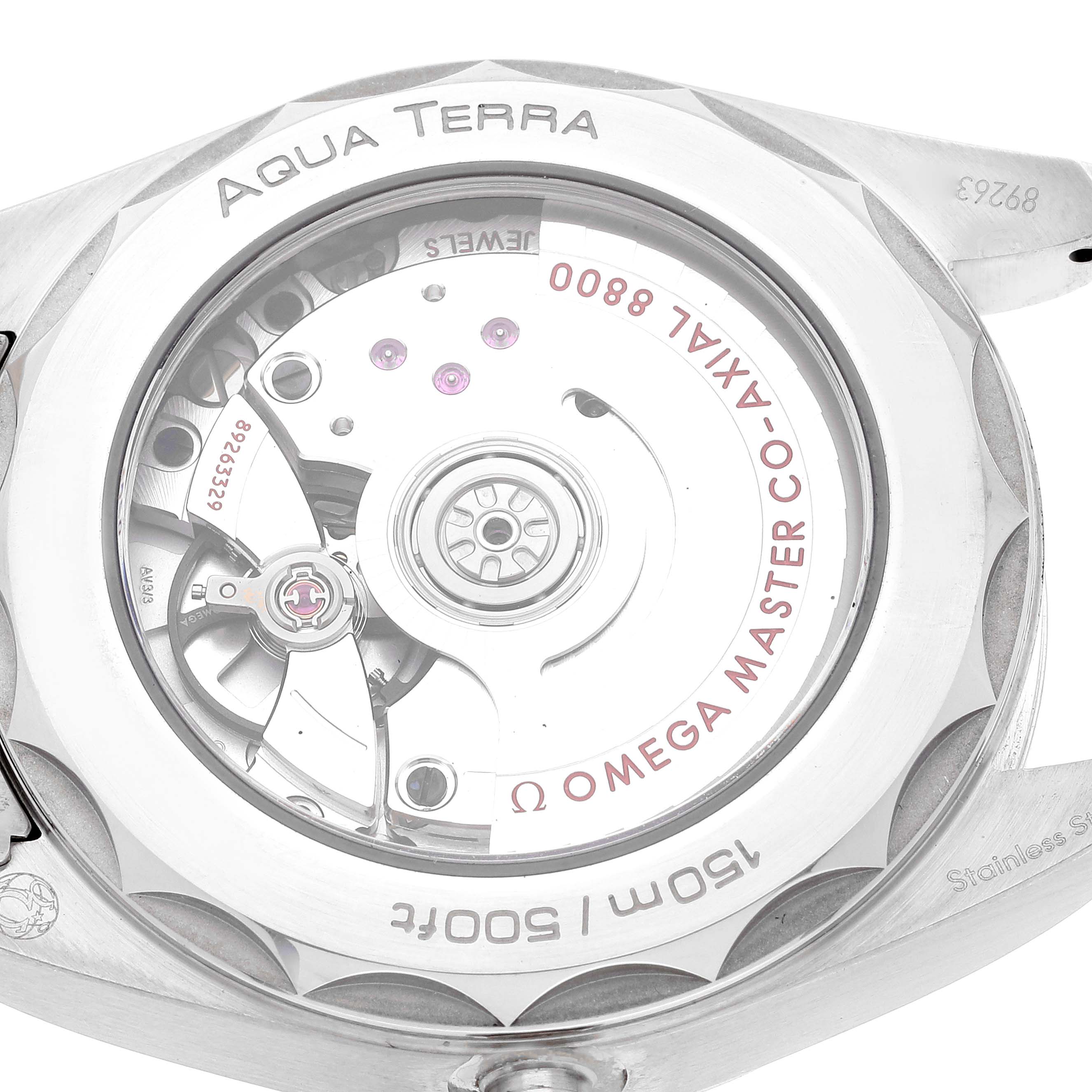 The image shows the back view of the Omega Aqua Terra 220.10.38.20.03.001 Men
s Stainless Steel Blue Dial 220.10.38.20.03.001 Men
s Stainless Steel Blue Dial watch, highlighting its open case back and mechanism.