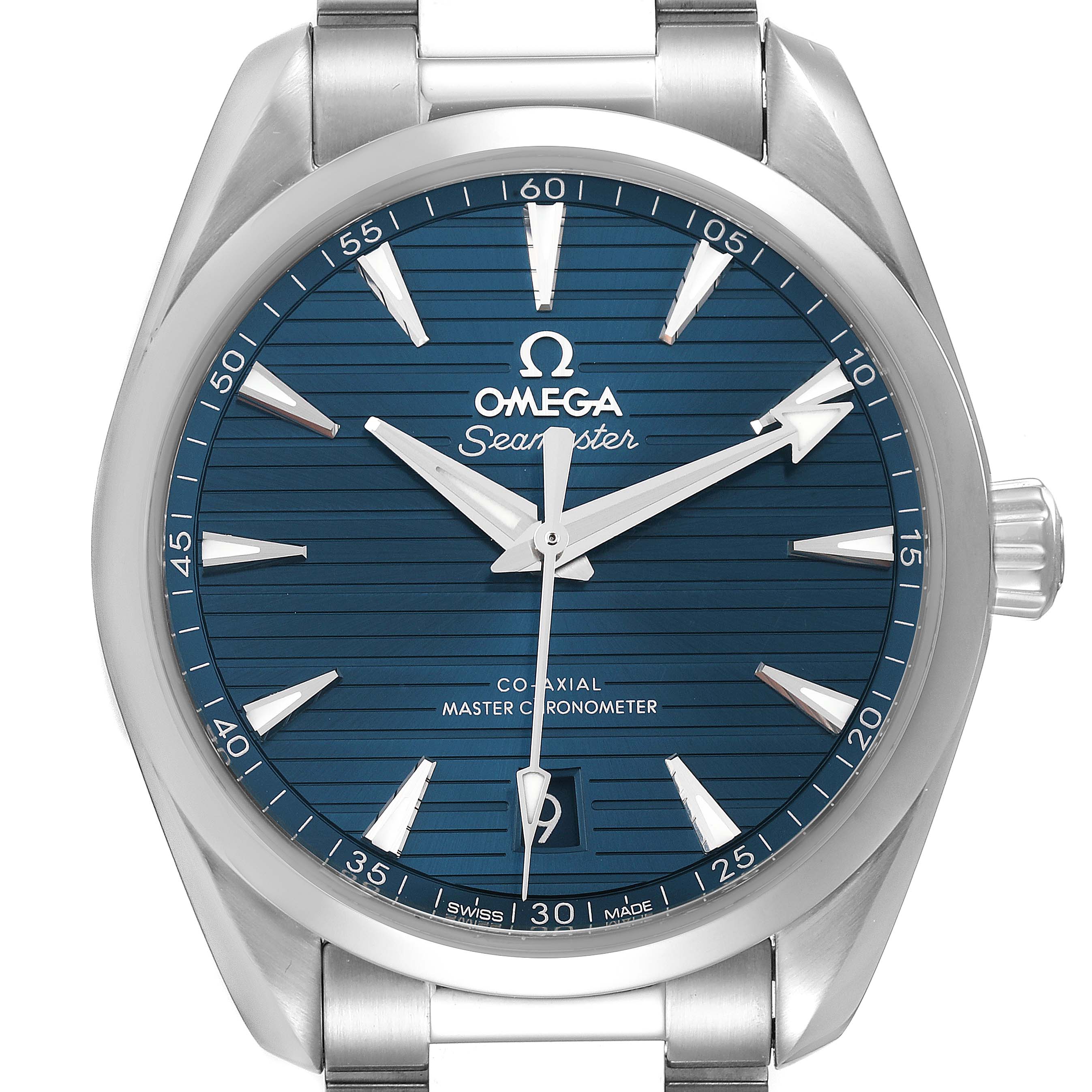 The Omega Aqua Terra 220.10.38.20.03.001 Men
s Stainless Steel Blue Dial 220.10.38.20.03.001 Men
s Stainless Steel Blue Dial watch is shown from the front, featuring its blue dial, stainless steel case, and bracelet.