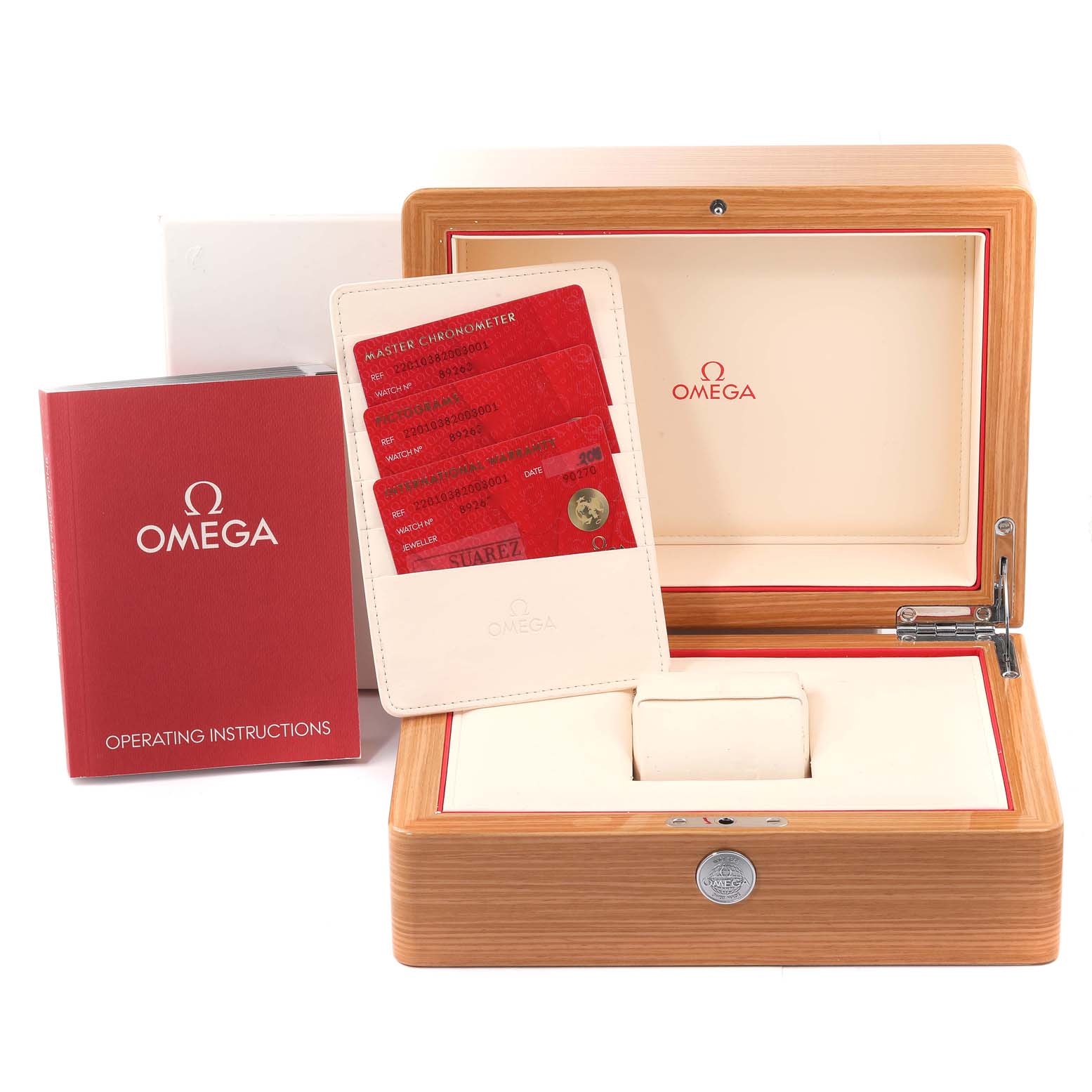 The image shows the Omega Aqua Terra 220.10.38.20.03.001 Men
s Stainless Steel Blue Dial 220.10.38.20.03.001 Men
s Stainless Steel Blue Dial watch box, instruction manual, and certification cards at a frontal angle.