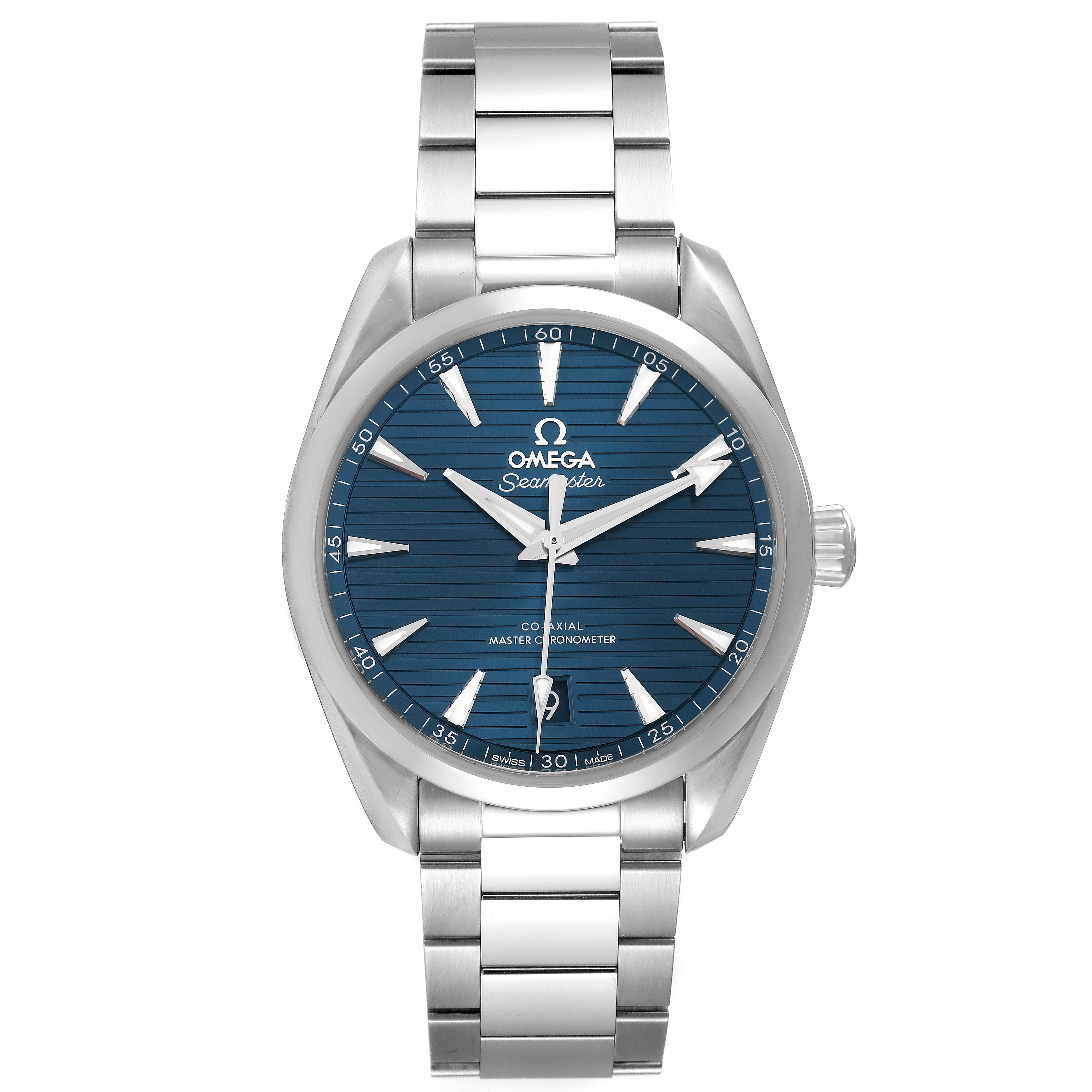 The image shows a front view of the Omega Aqua Terra 220.10.38.20.03.001 Men
s Stainless Steel Blue Dial 220.10.38.20.03.001 Men
s Stainless Steel Blue Dial watch, featuring a blue dial, silver bracelet, and visible hands and markers.