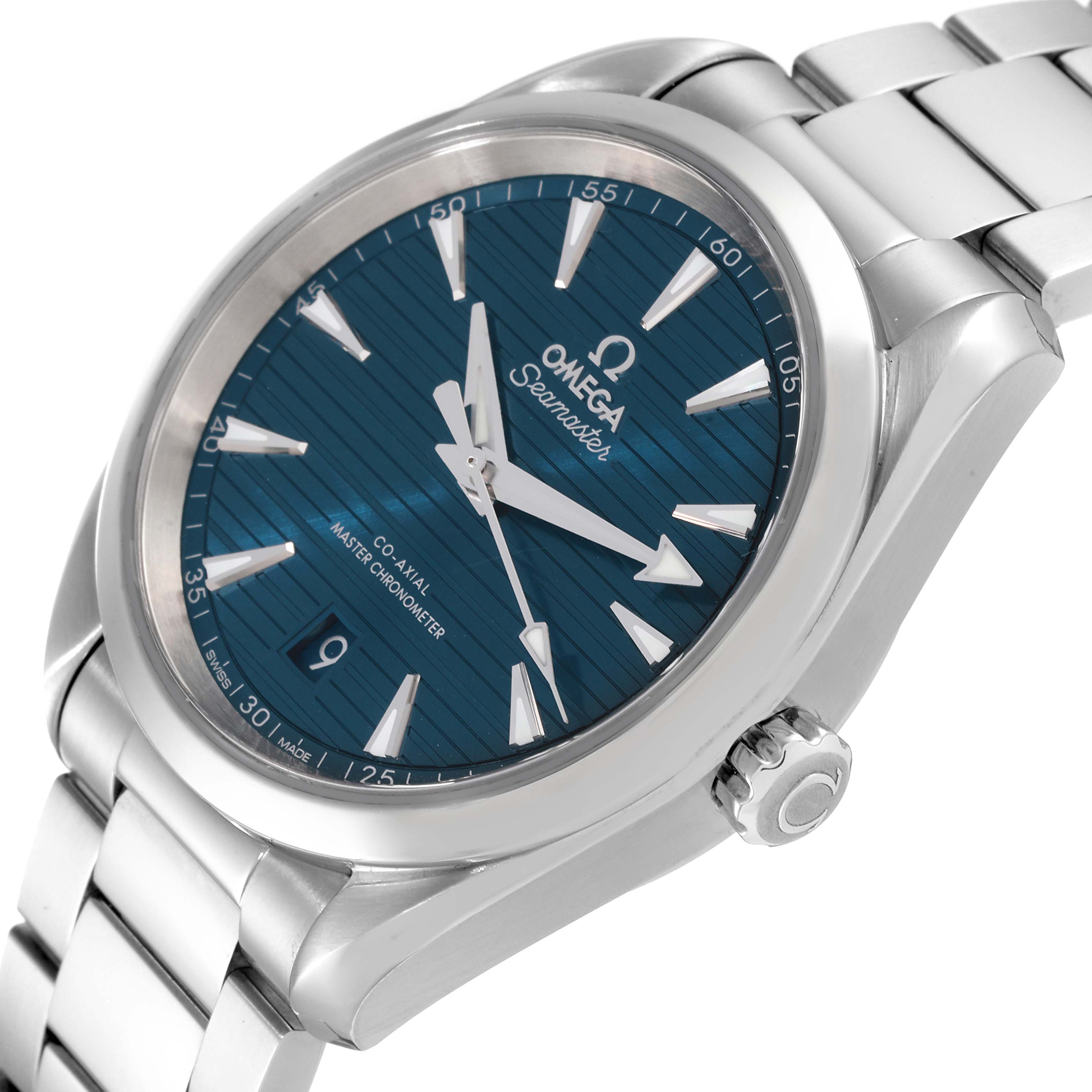 The image displays an Omega Aqua Terra 220.10.38.20.03.001 Men
s Stainless Steel Blue Dial 220.10.38.20.03.001 Men
s Stainless Steel Blue Dial watch at a slight angle showcasing its face, dial, and part of the bracelet band.