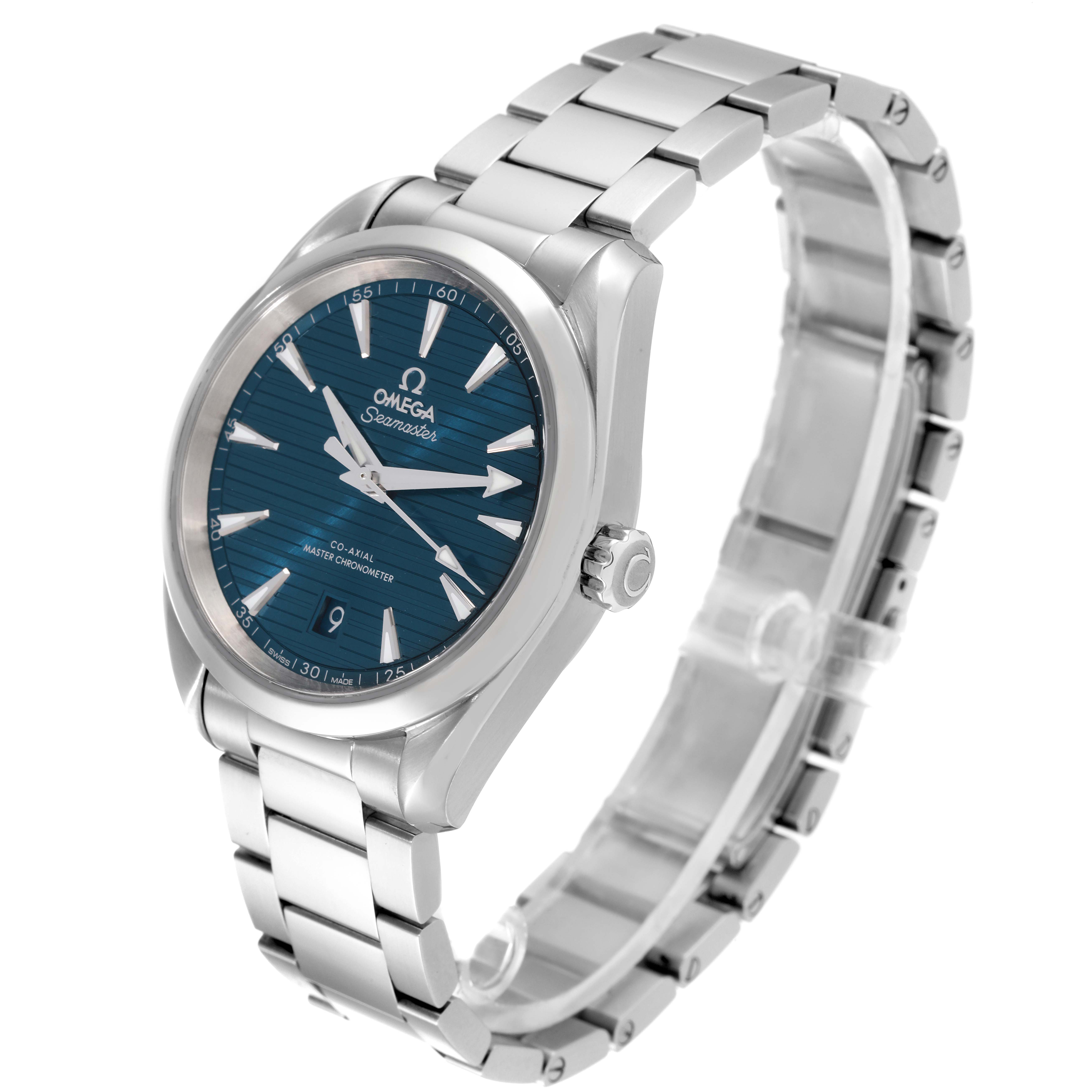 The image shows an Omega Aqua Terra 220.10.38.20.03.001 Men
s Stainless Steel Blue Dial 220.10.38.20.03.001 Men
s Stainless Steel Blue Dial watch, angled to display the face, bezel, crown, and stainless steel bracelet.