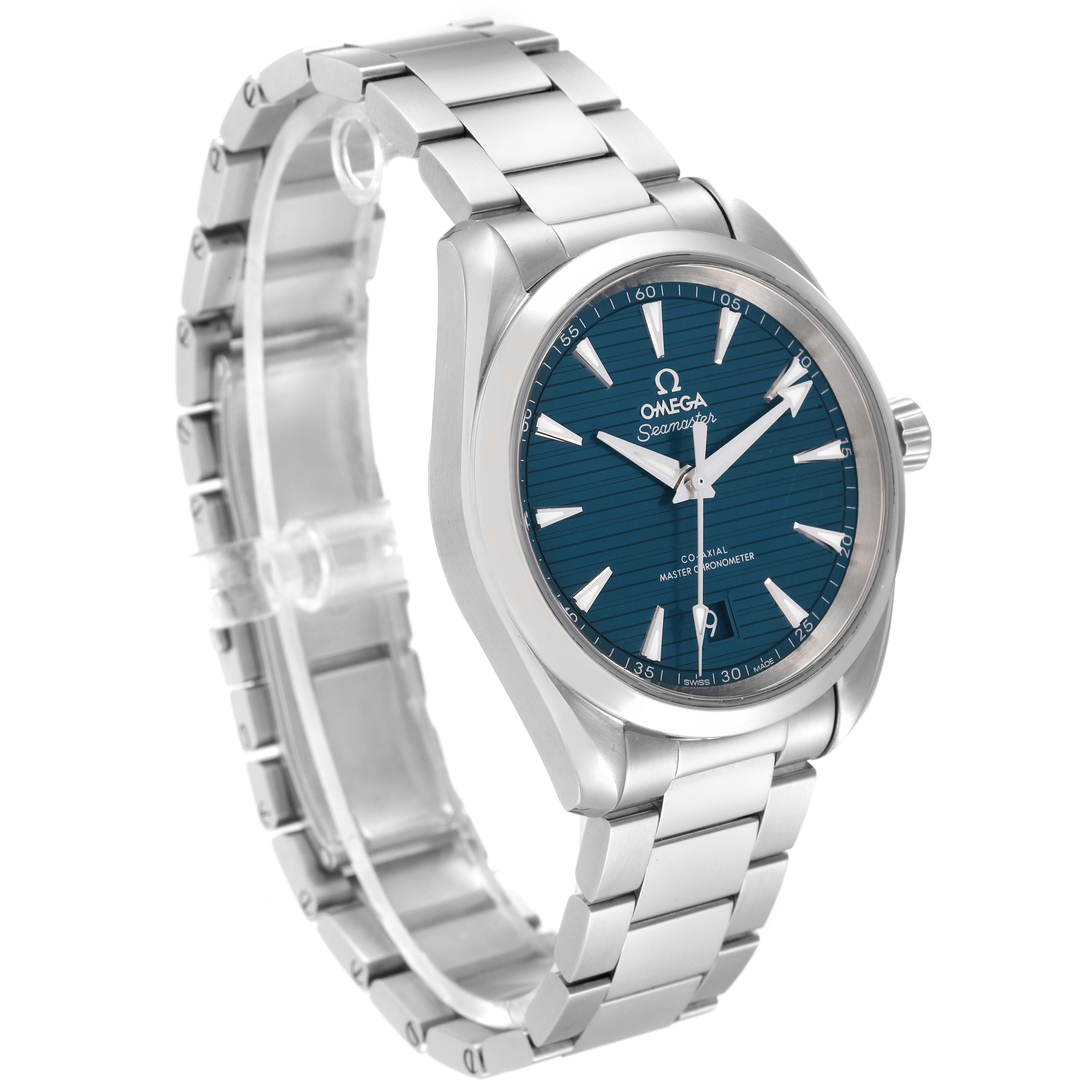 The image shows an Omega Aqua Terra 220.10.38.20.03.001 Men
s Stainless Steel Blue Dial 220.10.38.20.03.001 Men
s Stainless Steel Blue Dial watch from a front-left angle, highlighting its blue dial and stainless steel bracelet.