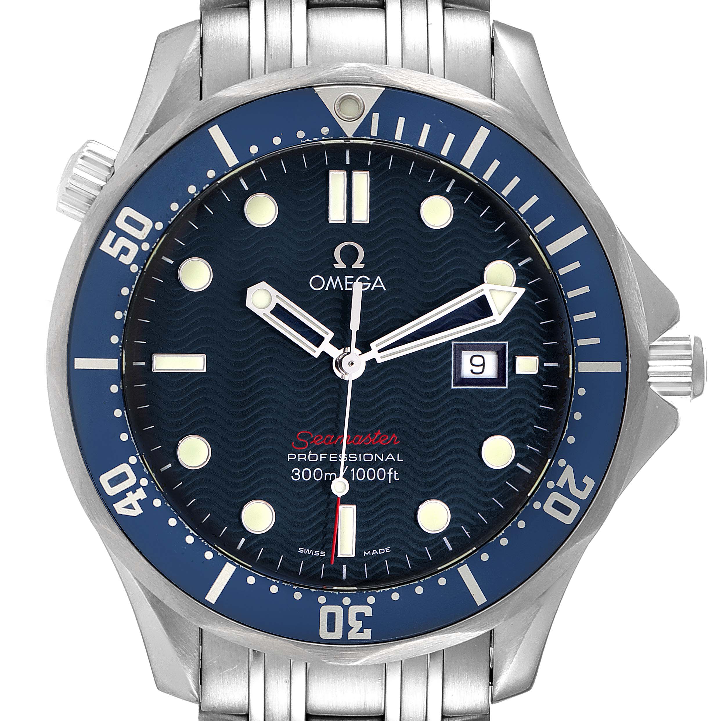 The image shows a front view of the Omega Seamaster 2221.80.00 Men's Stainless Steel Blue Dial 2221.80.00 Men's Stainless Steel Blue Dial watch, highlighting the face, bezel, and bracelet.