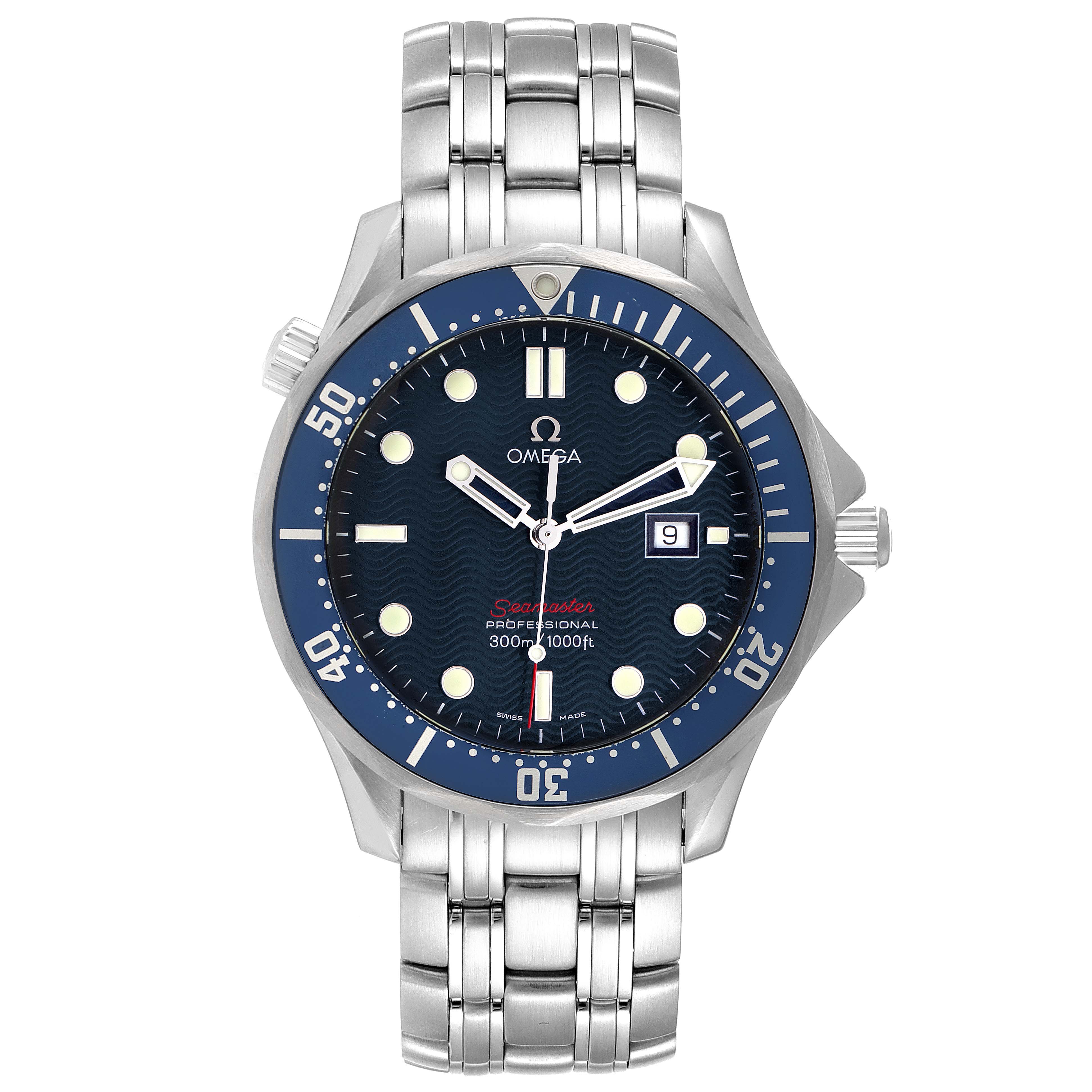 The Omega Seamaster 2221.80.00 Men's Stainless Steel Blue Dial 2221.80.00 Men's Stainless Steel Blue Dial watch is shown from the front, displaying its face, bezel, crown, and stainless steel bracelet.