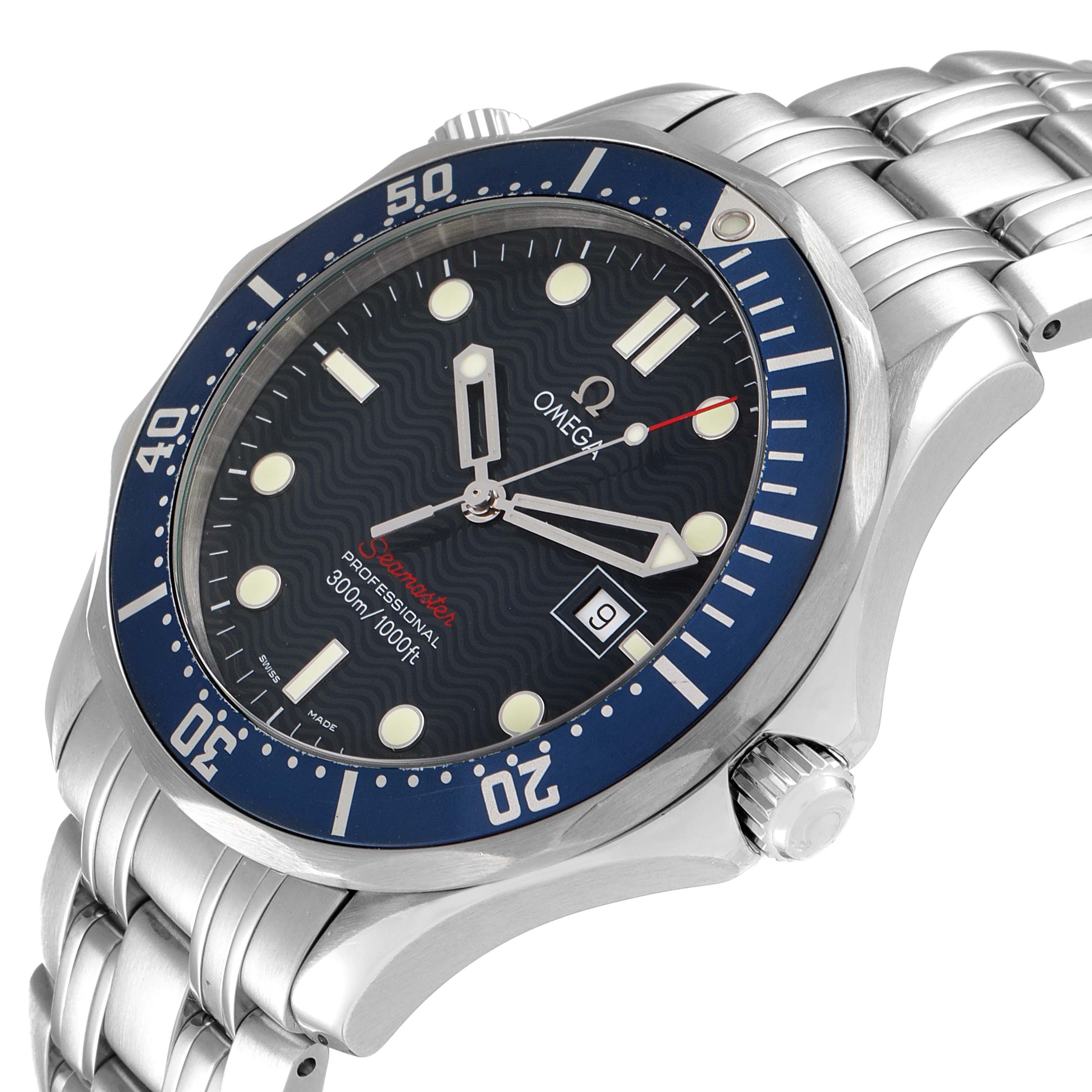 The Omega Seamaster 2221.80.00 Men's Stainless Steel Blue Dial 2221.80.00 Men's Stainless Steel Blue Dial watch is shown at a slight angle, highlighting the blue bezel, dial, crown, and metal bracelet.
