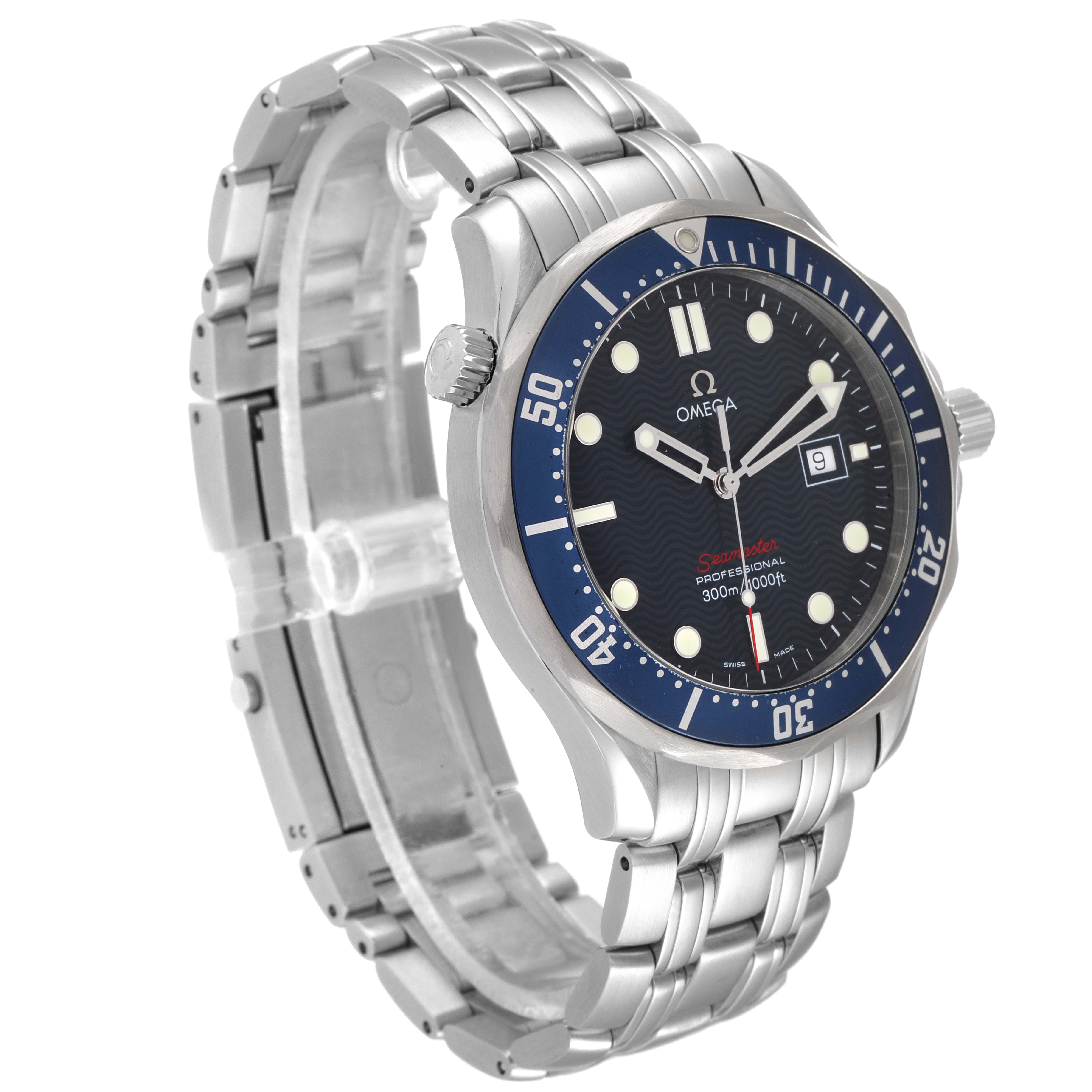 The Omega Seamaster 2221.80.00 Men's Stainless Steel Blue Dial 2221.80.00 Men's Stainless Steel Blue Dial watch is shown at a 3/4 angle, displaying the face, bezel, crown, and metal bracelet.