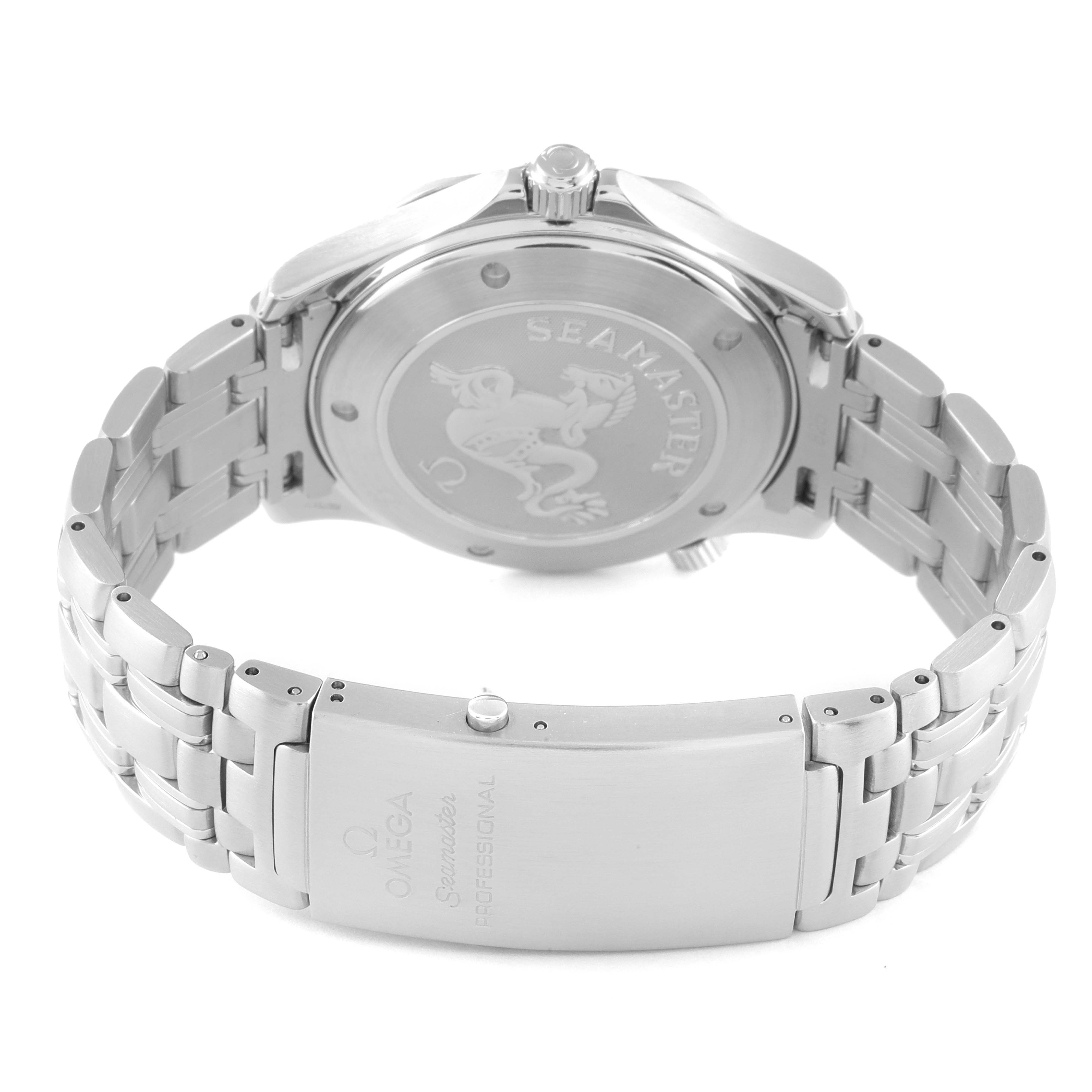 The image shows the back case, bracelet, and clasp of an Omega Seamaster 2221.80.00 Men's Stainless Steel Blue Dial 2221.80.00 Men's Stainless Steel Blue Dial watch from a rear angle.