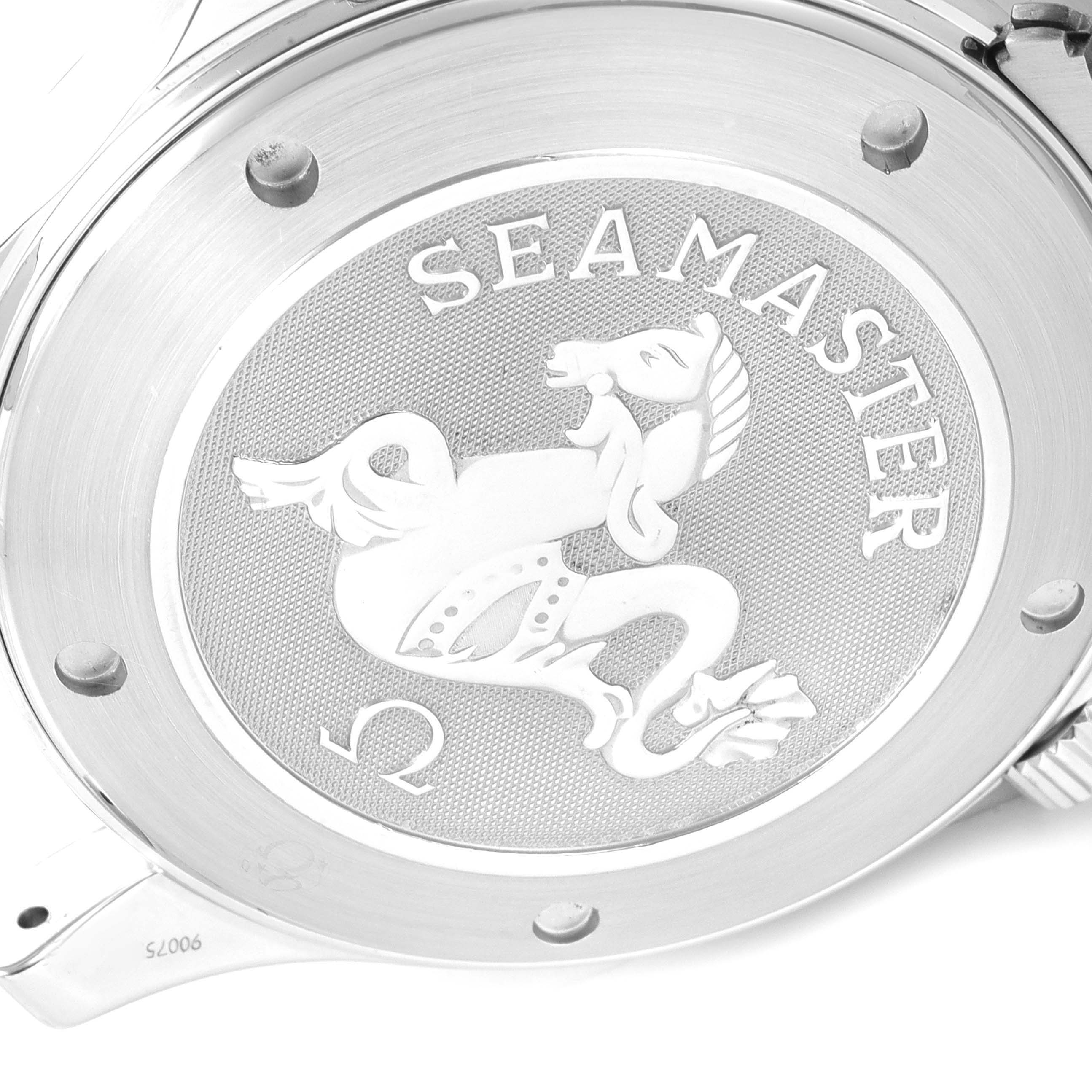 This image shows the case back of an Omega Seamaster 2221.80.00 Men's Stainless Steel Blue Dial 2221.80.00 Men's Stainless Steel Blue Dial watch, featuring the logo and brand engraving.