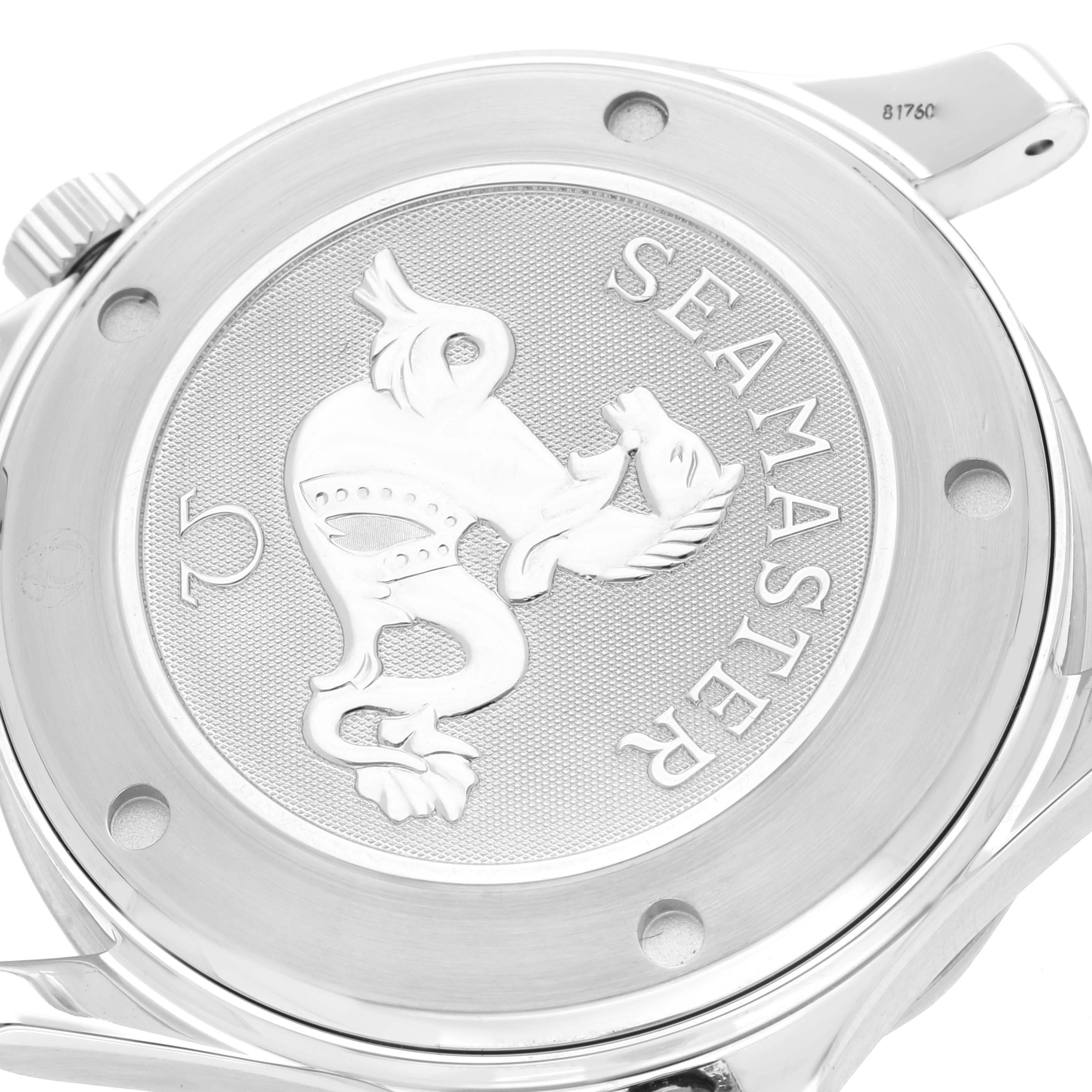 The image shows the case back of an Omega Seamaster 2220.80.00 Men
s Stainless Steel Blue Dial 2220.80.00 Men
s Stainless Steel Blue Dial model, featuring the distinctive logo.