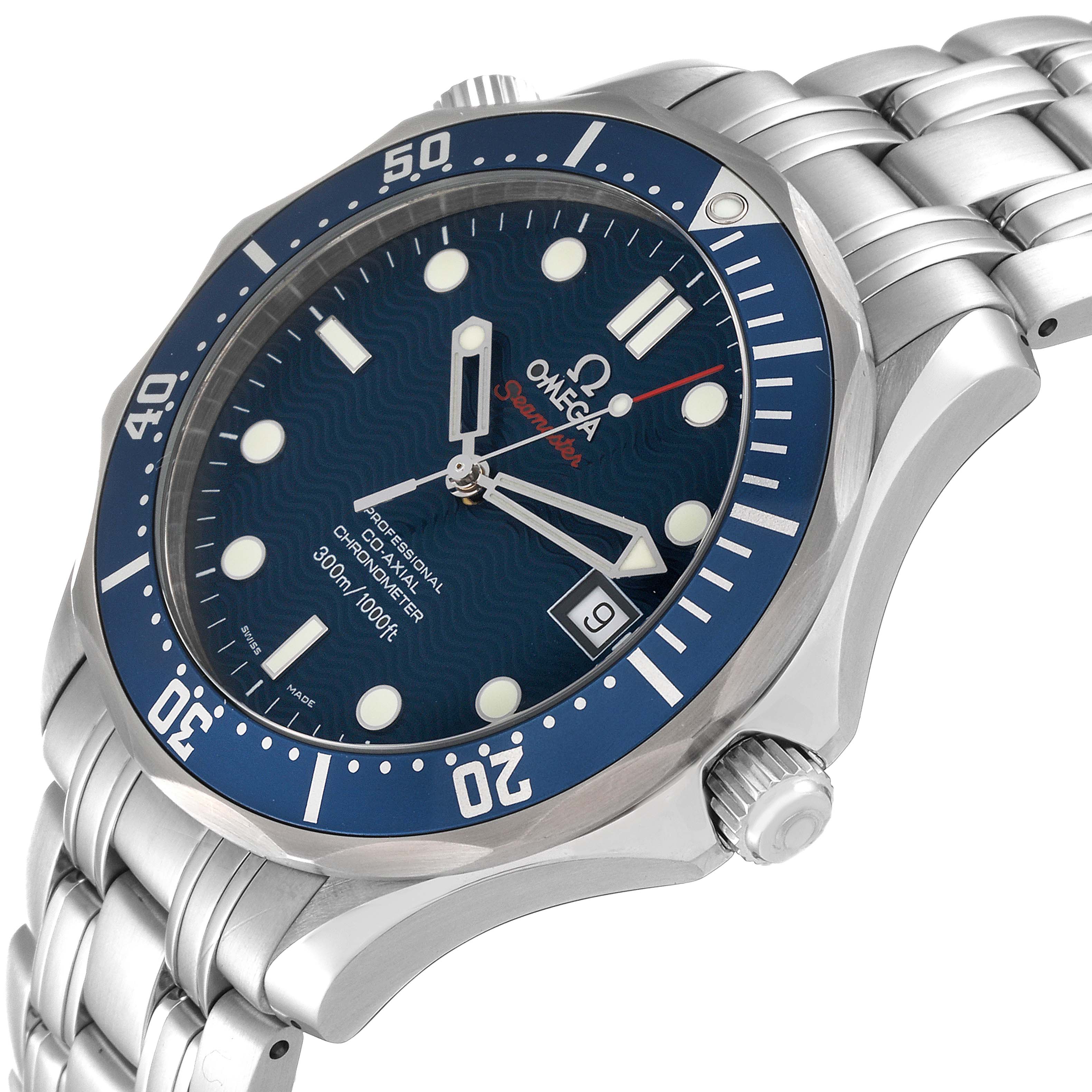 The image shows a close-up, angled view of the dial, bezel, and crown of the Omega Seamaster 2220.80.00 Men
s Stainless Steel Blue Dial 2220.80.00 Men
s Stainless Steel Blue Dial watch.