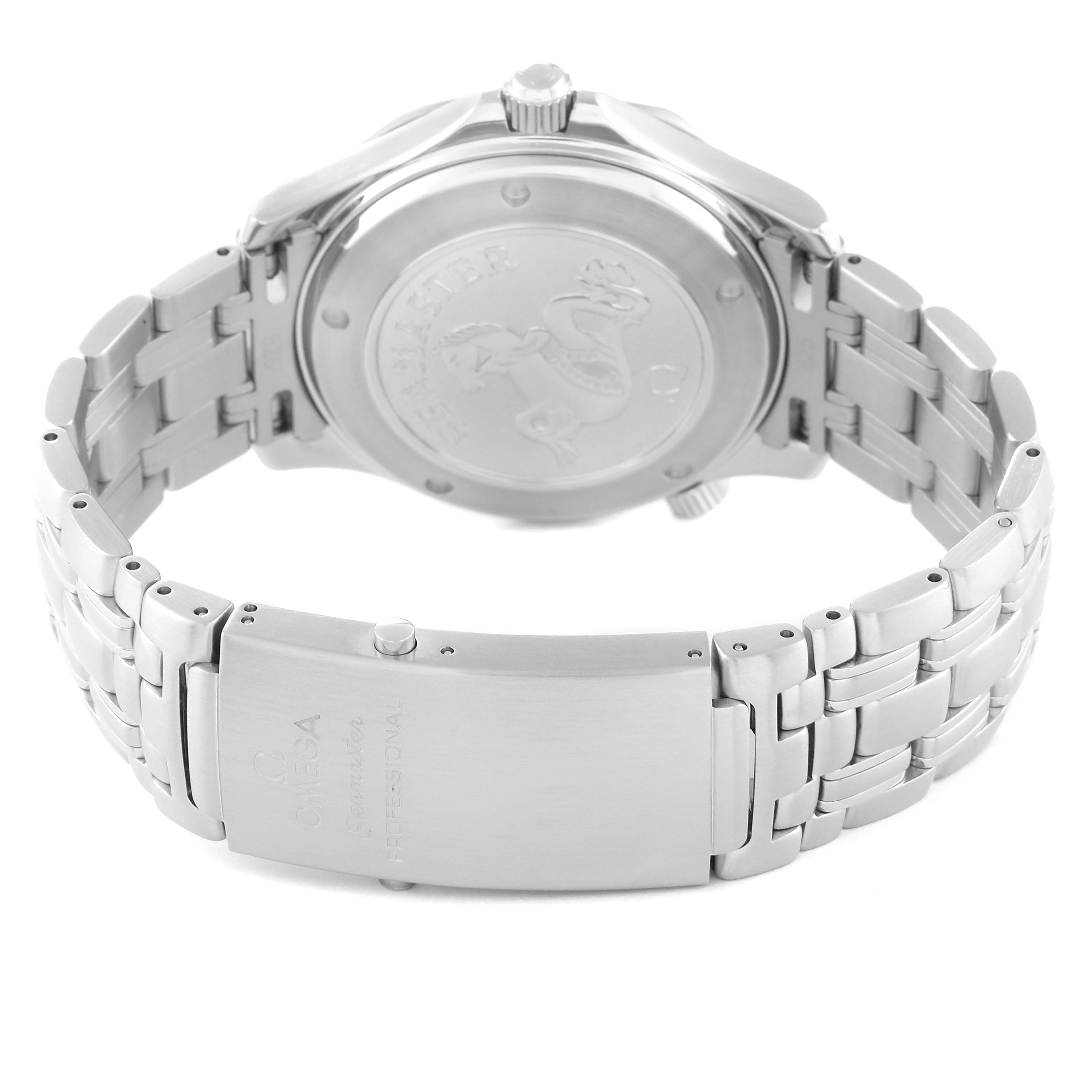 The image shows the back view of the Omega Seamaster 2220.80.00 Men
s Stainless Steel Blue Dial 2220.80.00 Men
s Stainless Steel Blue Dial watch, including the case back, bracelet, and clasp.