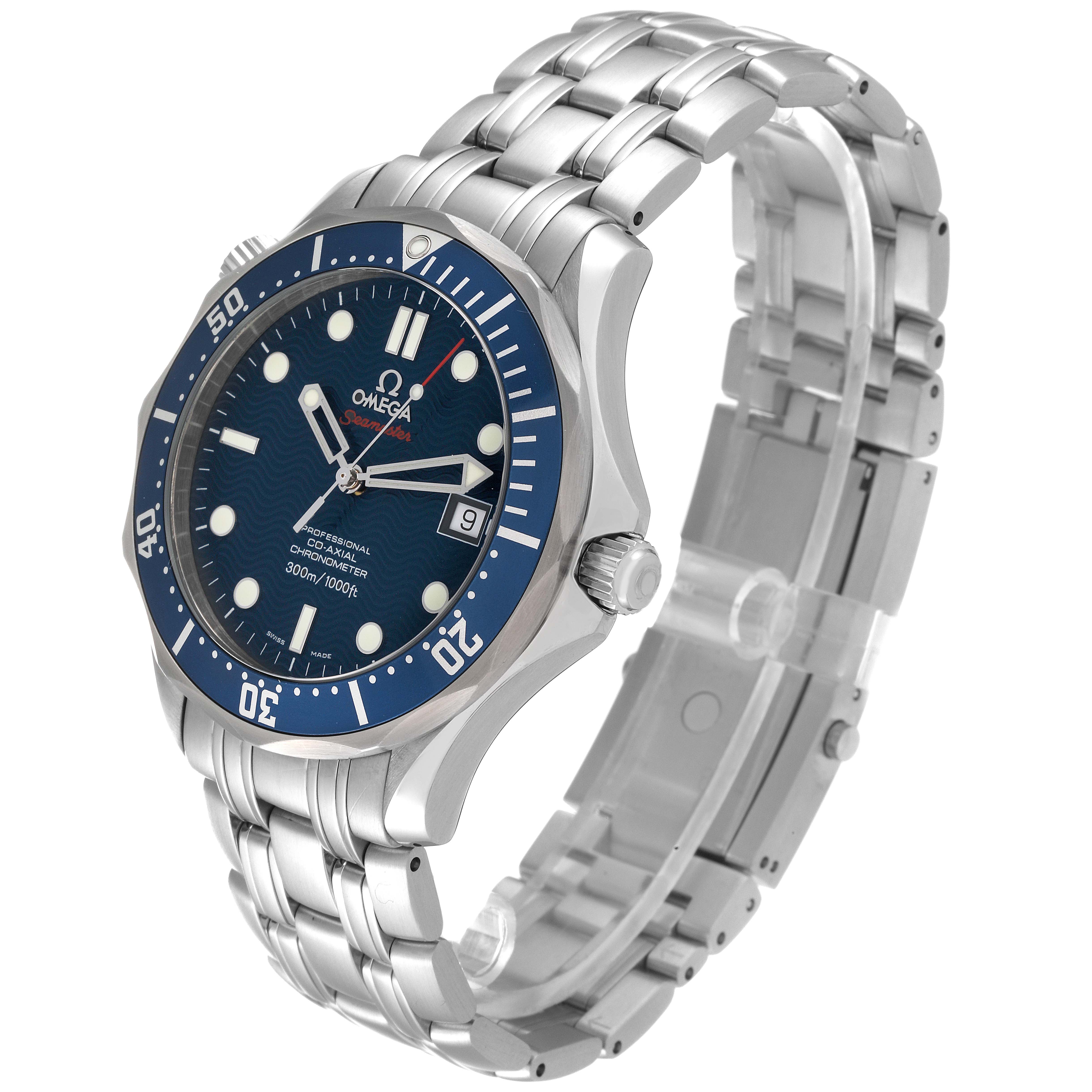The image shows an angled view of an Omega Seamaster 2220.80.00 Men
s Stainless Steel Blue Dial 2220.80.00 Men
s Stainless Steel Blue Dial watch, highlighting its blue dial, bezel, and stainless steel bracelet.