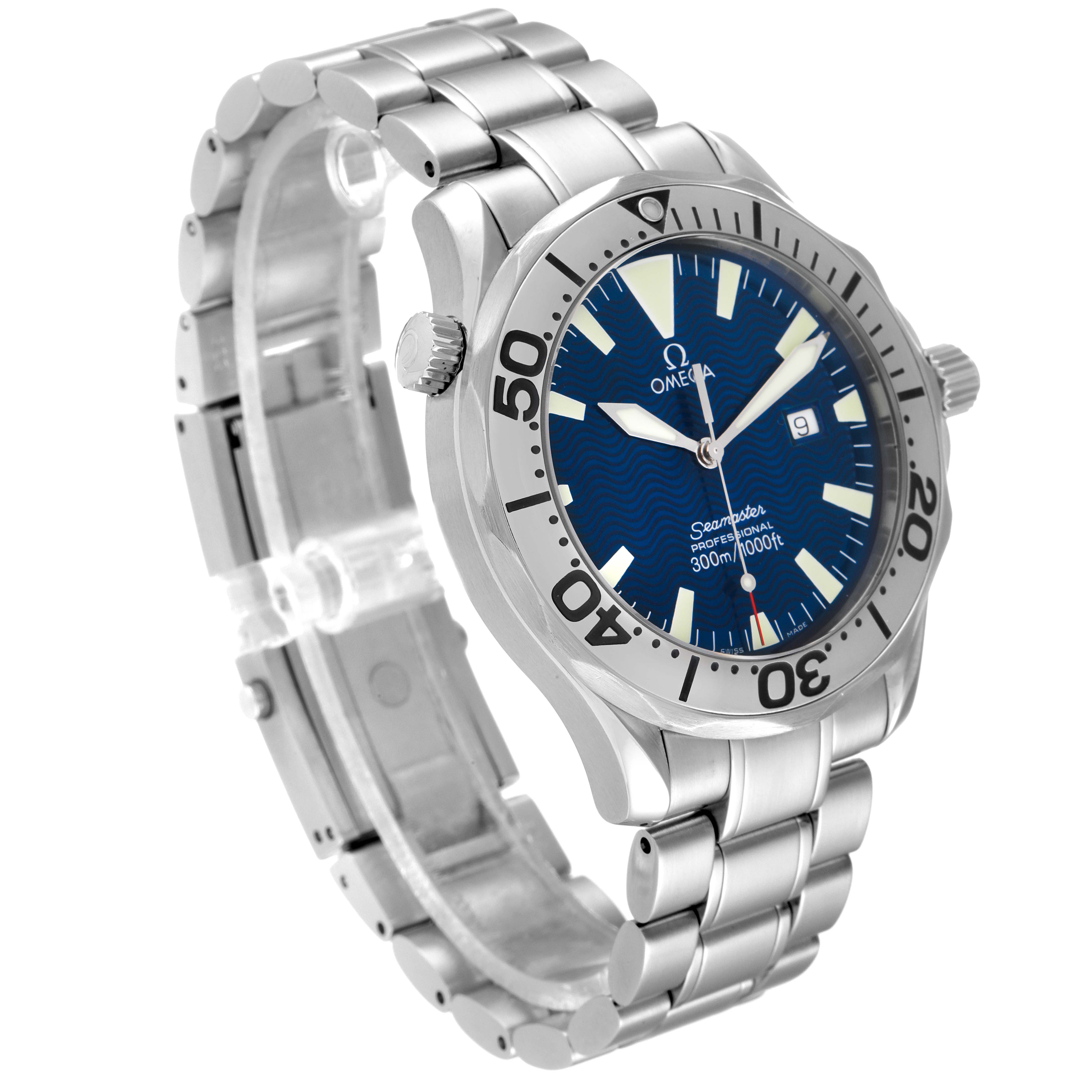 The image shows an Omega Seamaster 2265.80.00 Men's Stainless Steel Blue Dial 2265.80.00 Men's Stainless Steel Blue Dial watch at a three-quarter angle, revealing the dial, bezel, and stainless steel bracelet.