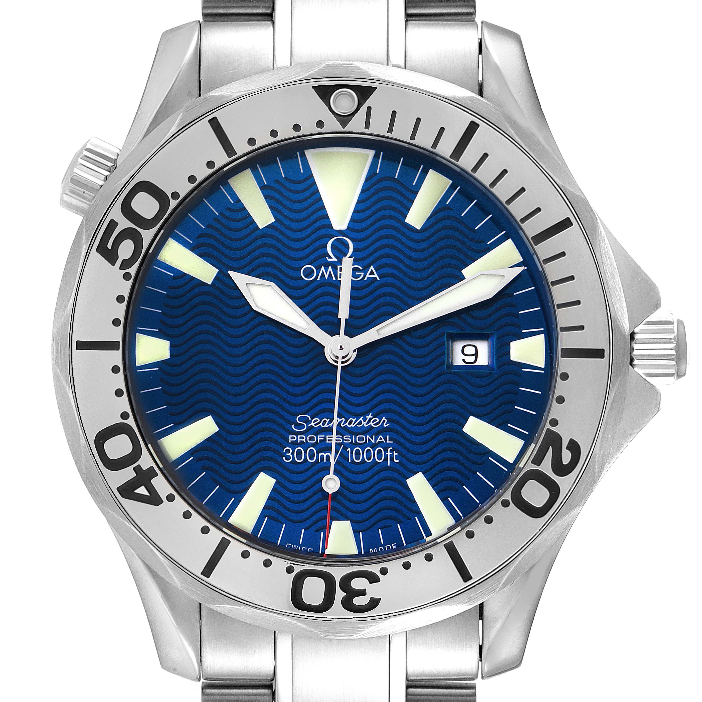 The image shows a front view of an Omega Seamaster 2265.80.00 Men's Stainless Steel Blue Dial 2265.80.00 Men's Stainless Steel Blue Dial watch, highlighting the dial, bezel, and part of the bracelet.