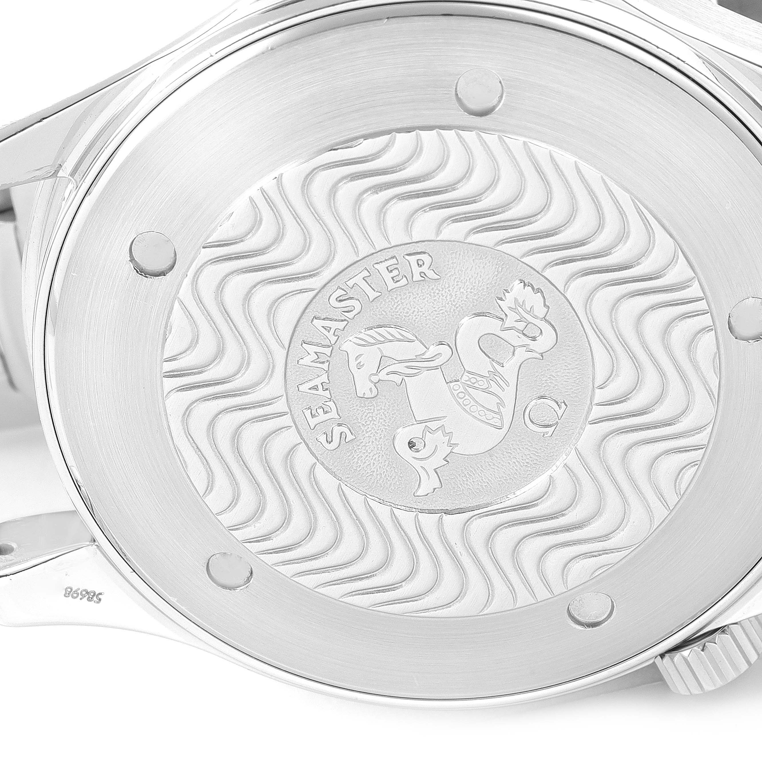 This image shows the engraved case back of an Omega Seamaster 2265.80.00 Men's Stainless Steel Blue Dial 2265.80.00 Men's Stainless Steel Blue Dial watch at an angle that highlights its intricate design details.