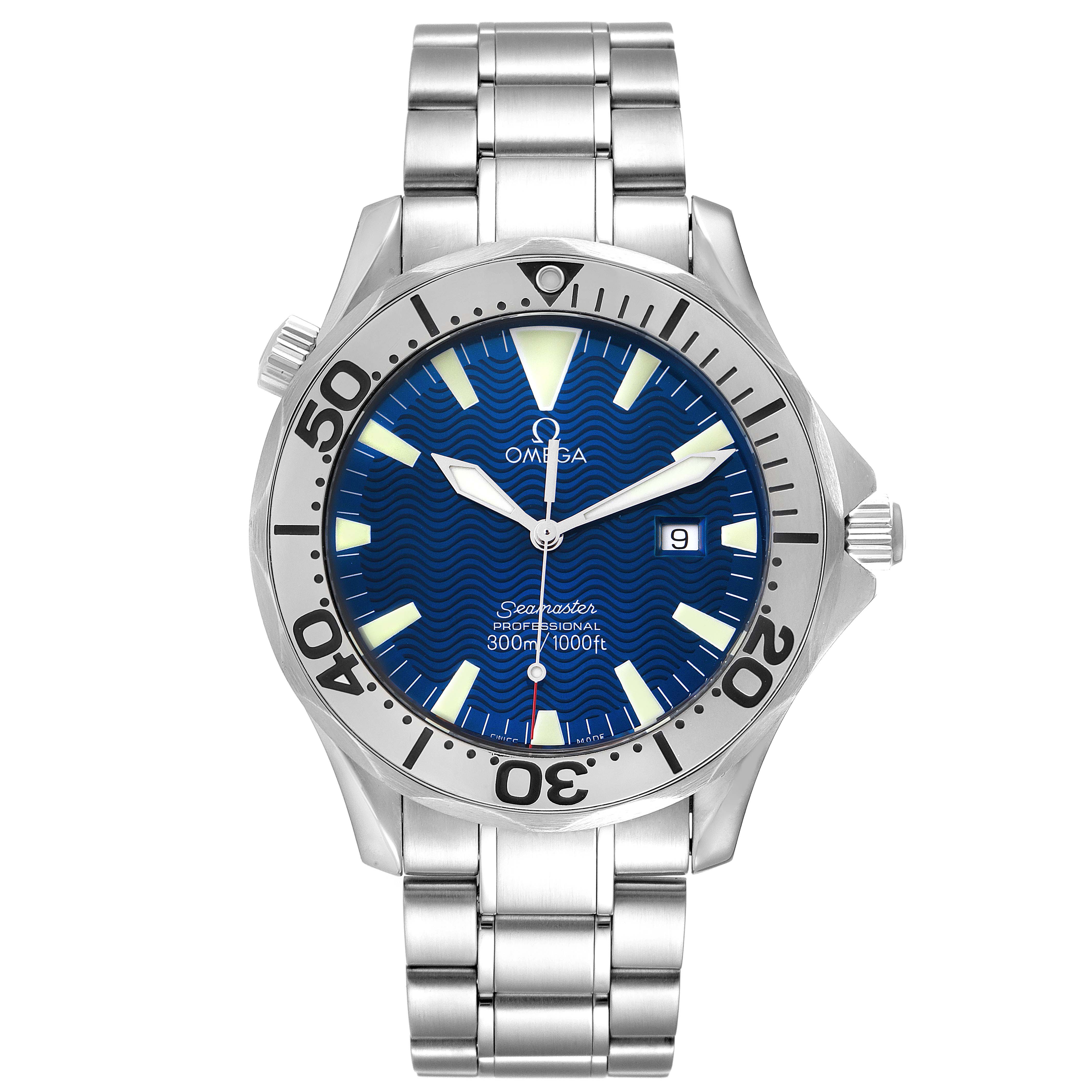 The image shows a front view of the Omega Seamaster 2265.80.00 Men's Stainless Steel Blue Dial 2265.80.00 Men's Stainless Steel Blue Dial watch, highlighting its blue dial, bezel, and stainless steel bracelet.