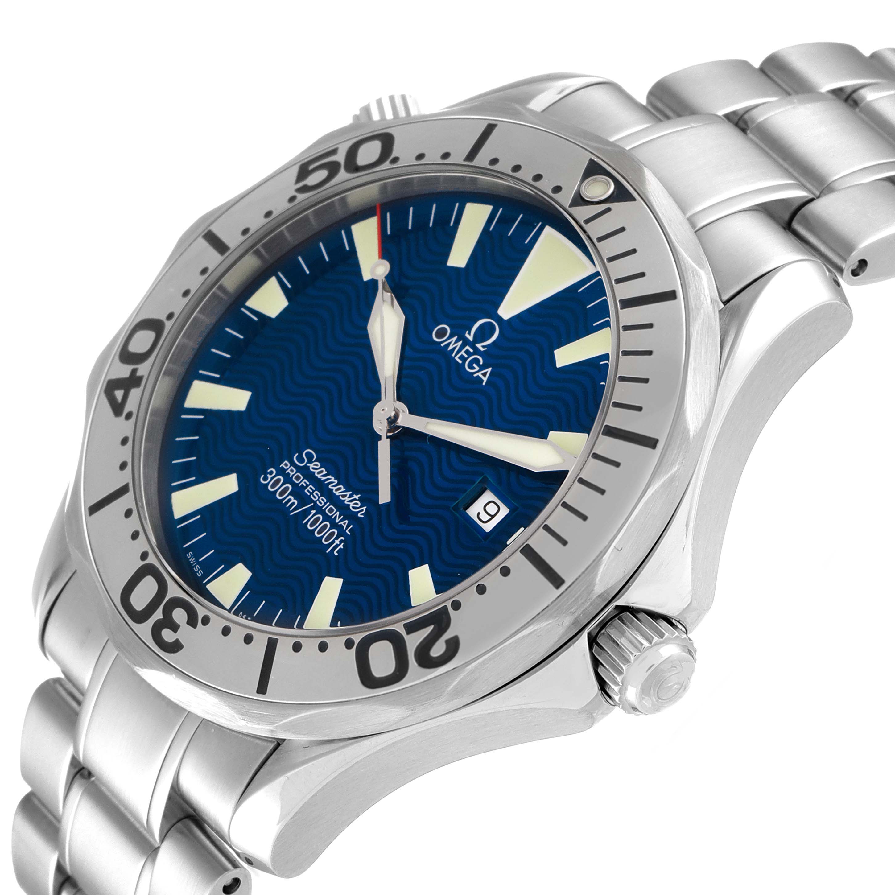 This Omega Seamaster 2265.80.00 Men's Stainless Steel Blue Dial 2265.80.00 Men's Stainless Steel Blue Dial watch is shown at an angle displaying its dial, bezel, crown, and a section of its bracelet.