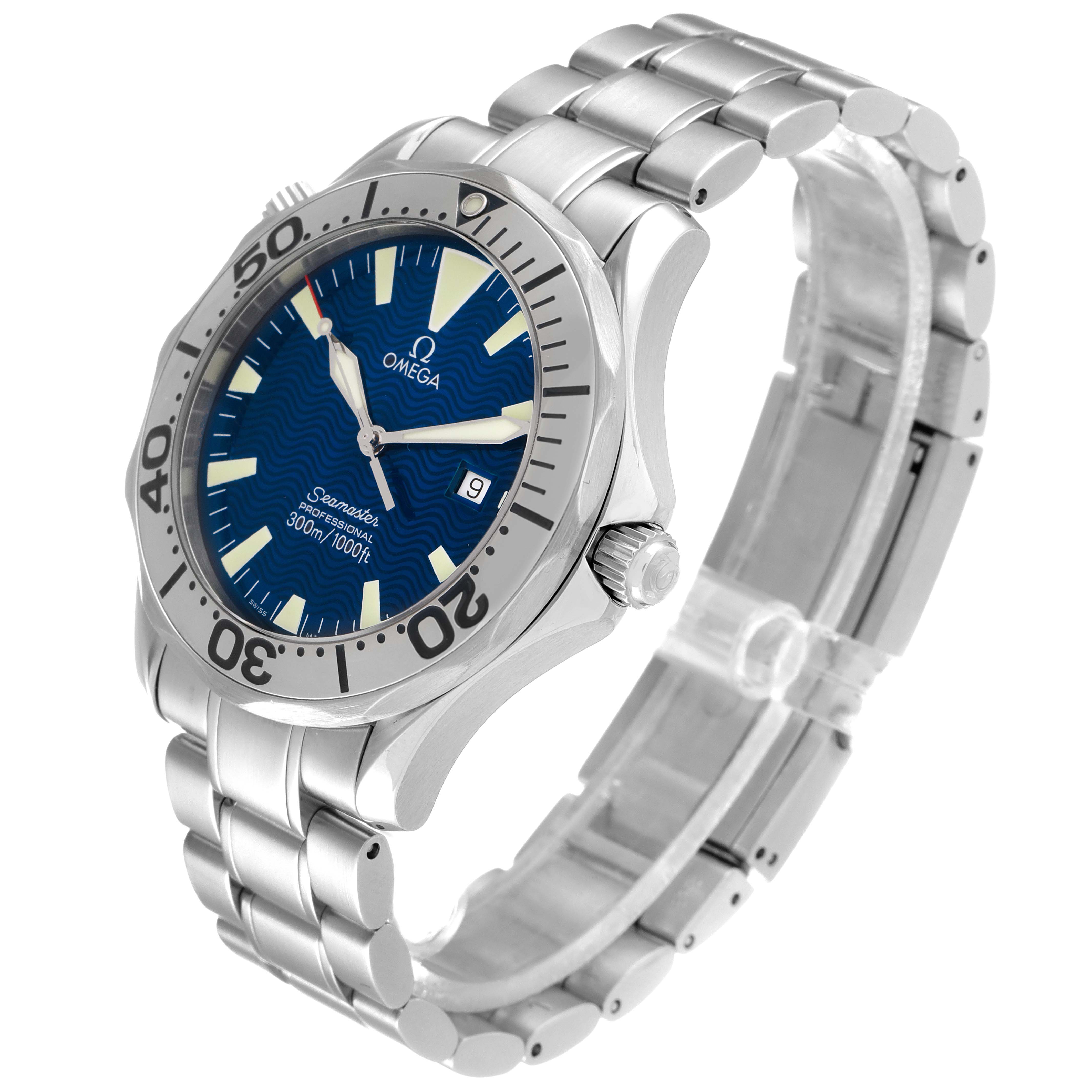 This image shows an angled side view of the Omega Seamaster 2265.80.00 Men's Stainless Steel Blue Dial 2265.80.00 Men's Stainless Steel Blue Dial watch, highlighting its blue dial, bezel, and metal bracelet.