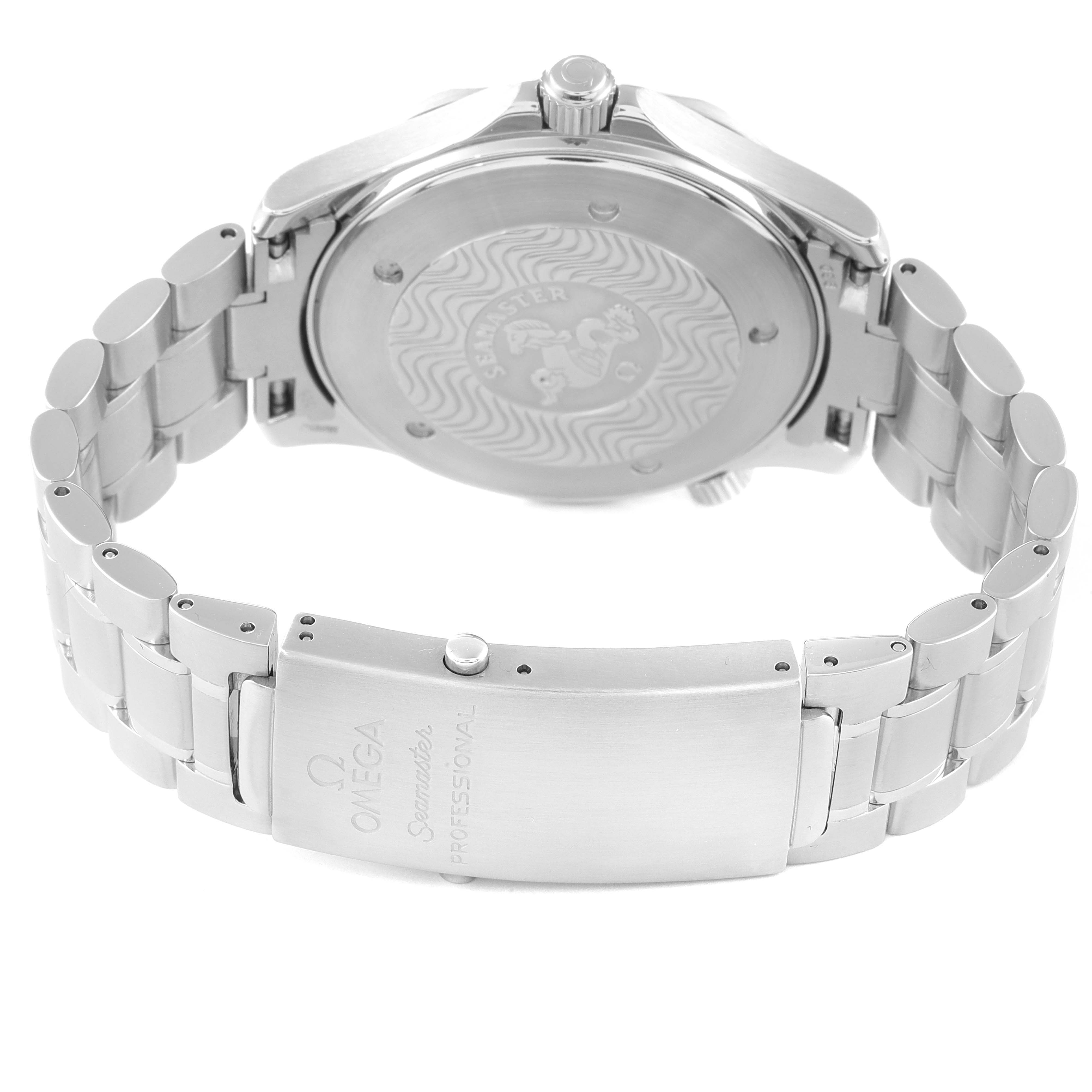 The image shows a rear view of the Omega Seamaster 2265.80.00 Men's Stainless Steel Blue Dial 2265.80.00 Men's Stainless Steel Blue Dial watch, highlighting its case back, bracelet, and clasp.