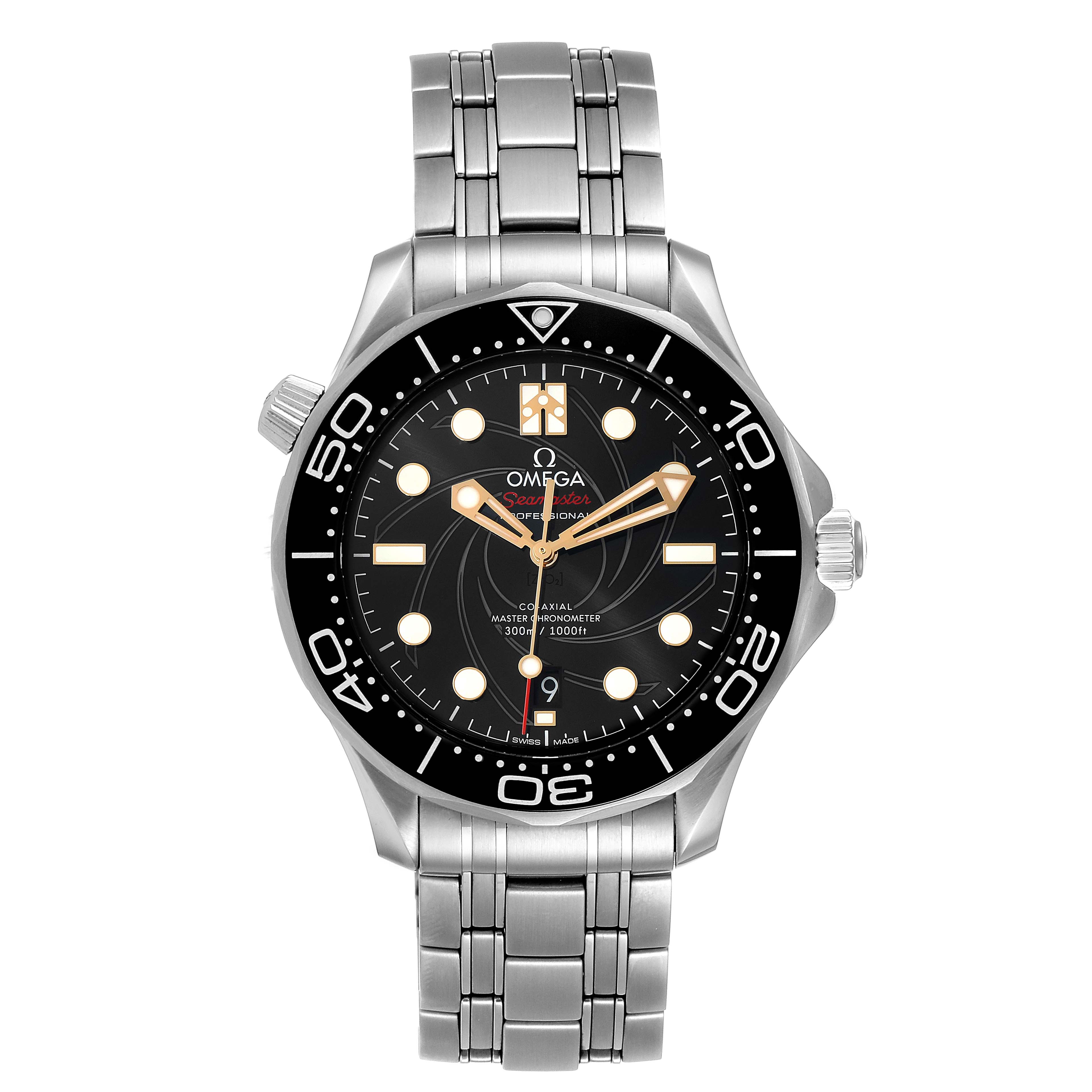 The image shows a front view of an Omega Seamaster 210.22.42.20.01.004 Men's Stainless Steel Black Dial 210.22.42.20.01.004 Men's Stainless Steel Black Dial watch, displaying the face, hands, markers, and metal bracelet.