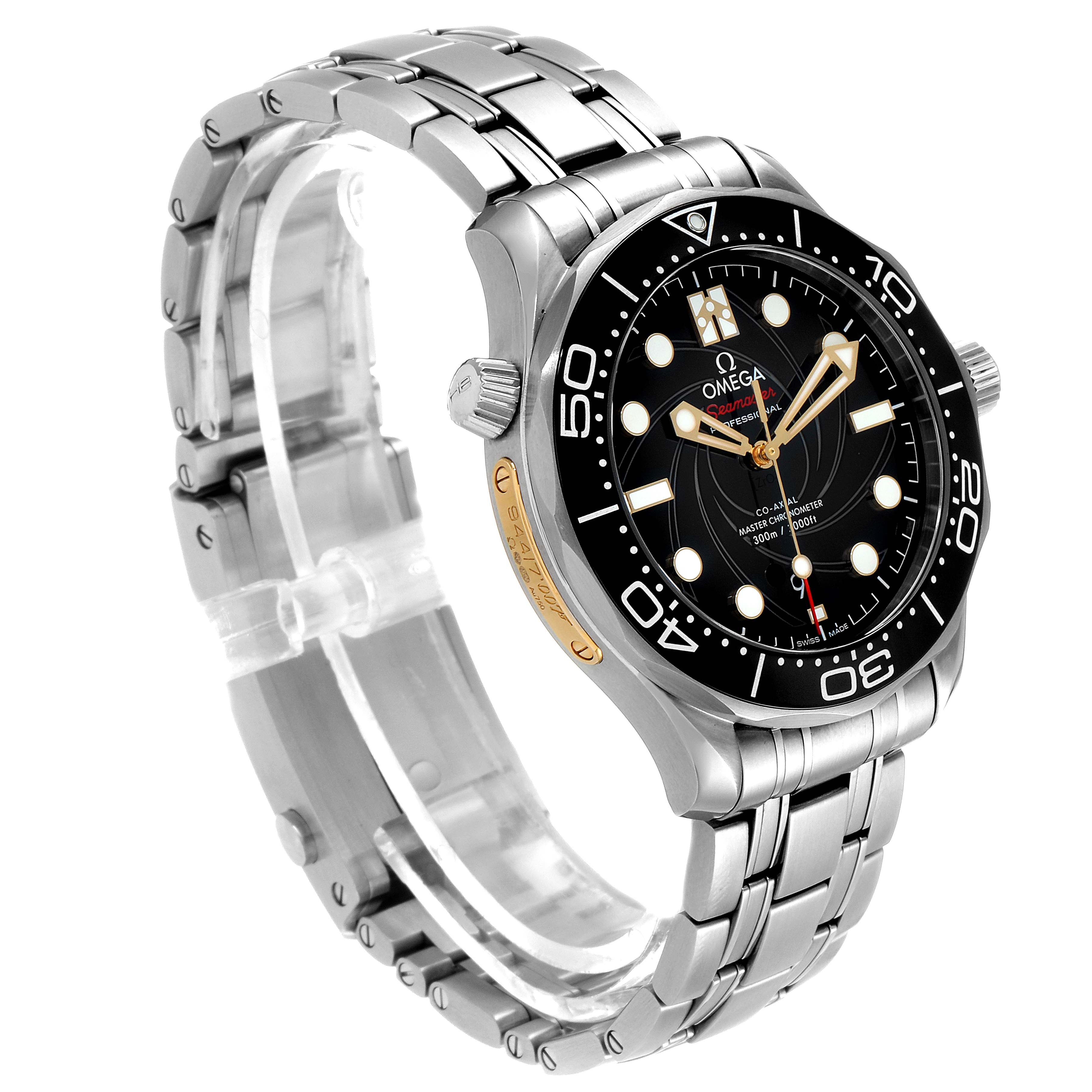 The image shows a side angle view of the Omega Seamaster 210.22.42.20.01.004 Men's Stainless Steel Black Dial 210.22.42.20.01.004 Men's Stainless Steel Black Dial watch, highlighting the bracelet, bezel, and face.