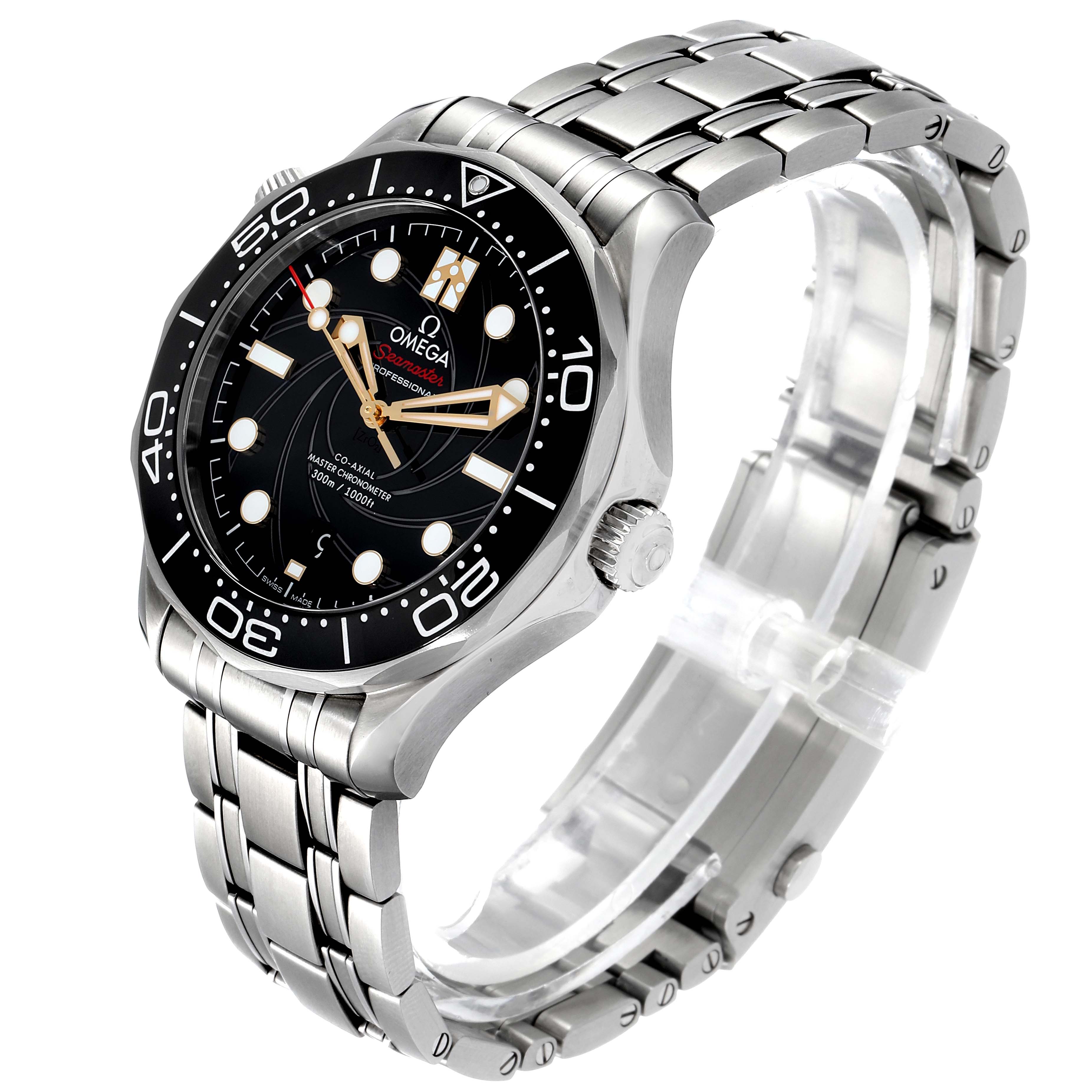 This image shows the Omega Seamaster 210.22.42.20.01.004 Men's Stainless Steel Black Dial 210.22.42.20.01.004 Men's Stainless Steel Black Dial watch at a three-quarter angle, highlighting the watch face, bezel, crown, and metal bracelet.