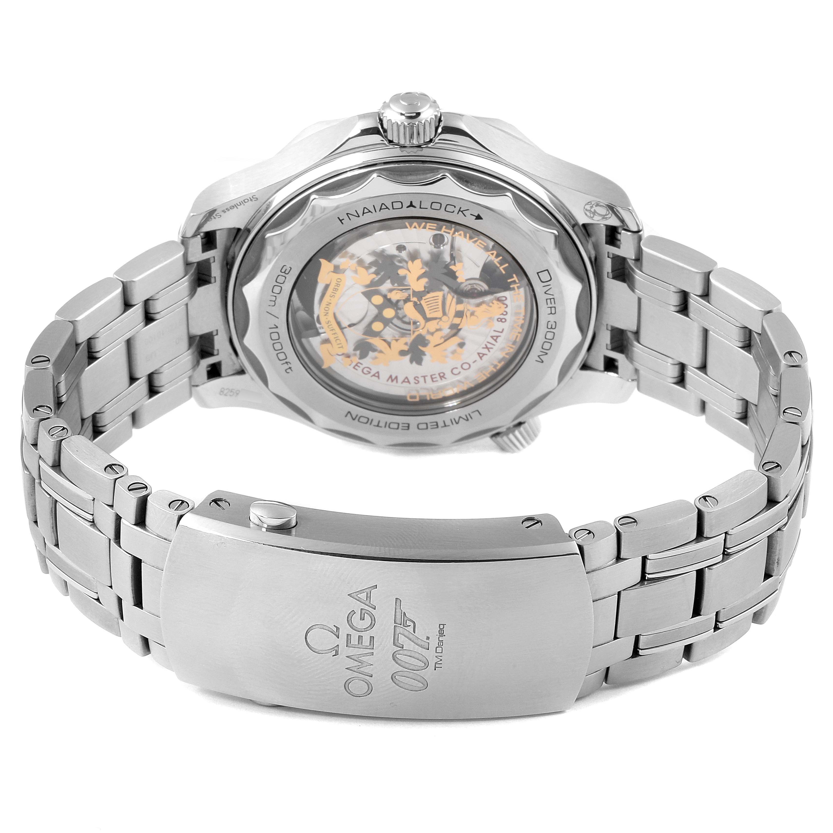 The image shows the back and bracelet of the Omega Seamaster 210.22.42.20.01.004 Men's Stainless Steel Black Dial 210.22.42.20.01.004 Men's Stainless Steel Black Dial watch, highlighting the clear case back and clasp with branding.